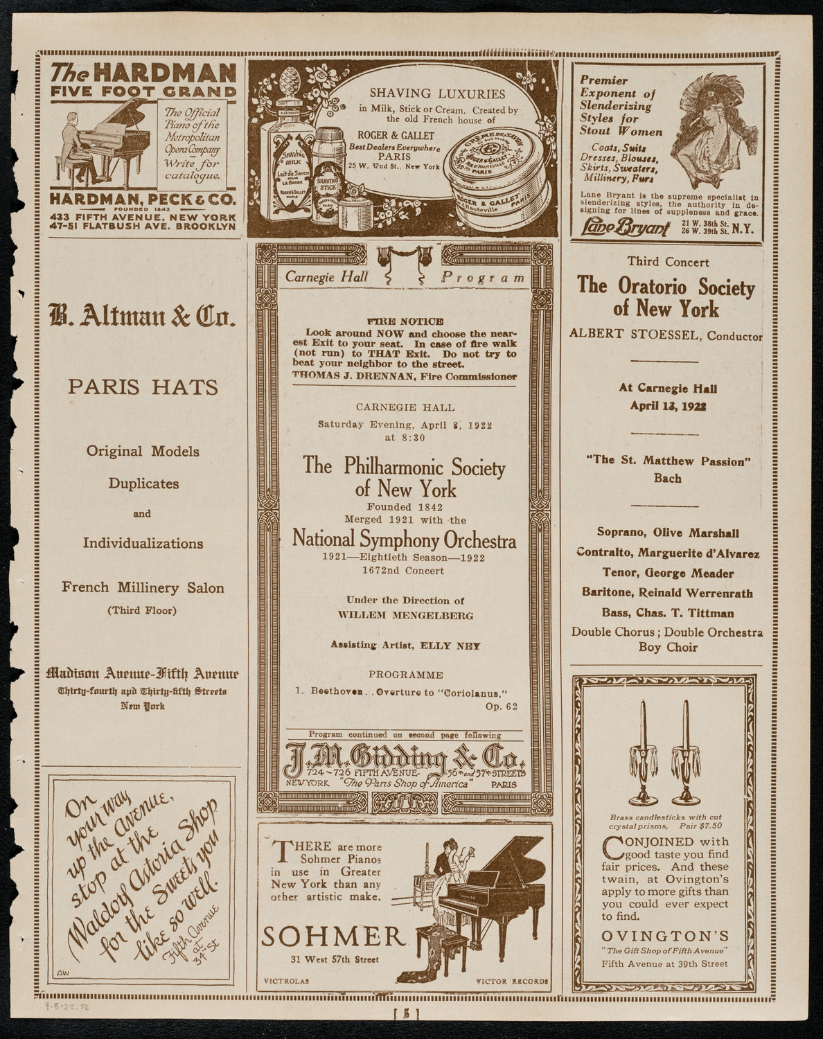 New York Philharmonic, April 8, 1922, program page 5