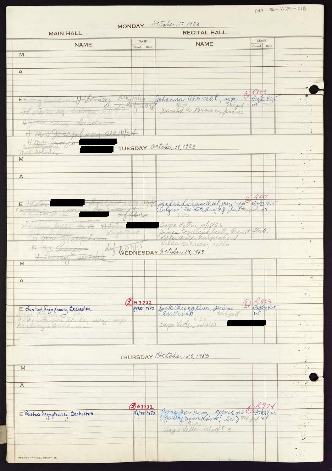 Carnegie Hall Booking Ledger, volume 29, page 18