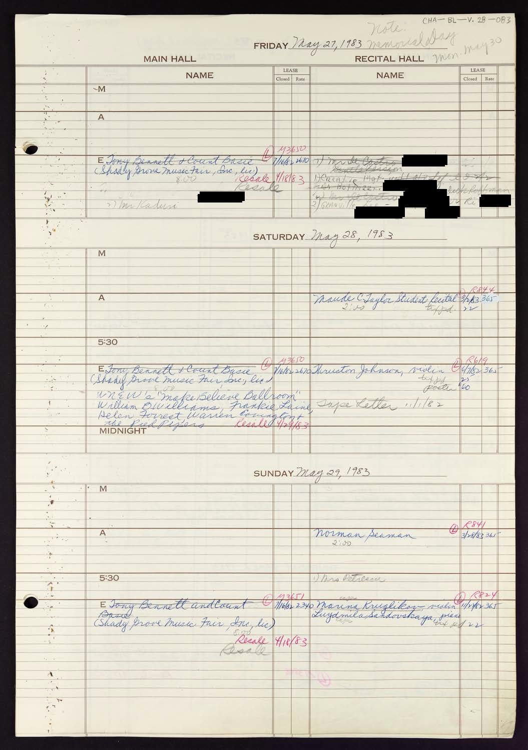 Carnegie Hall Booking Ledger, volume 28, page 83