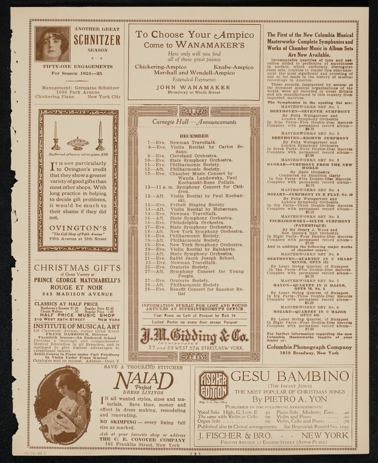 New York Philharmonic, December 7, 1924, program page 3