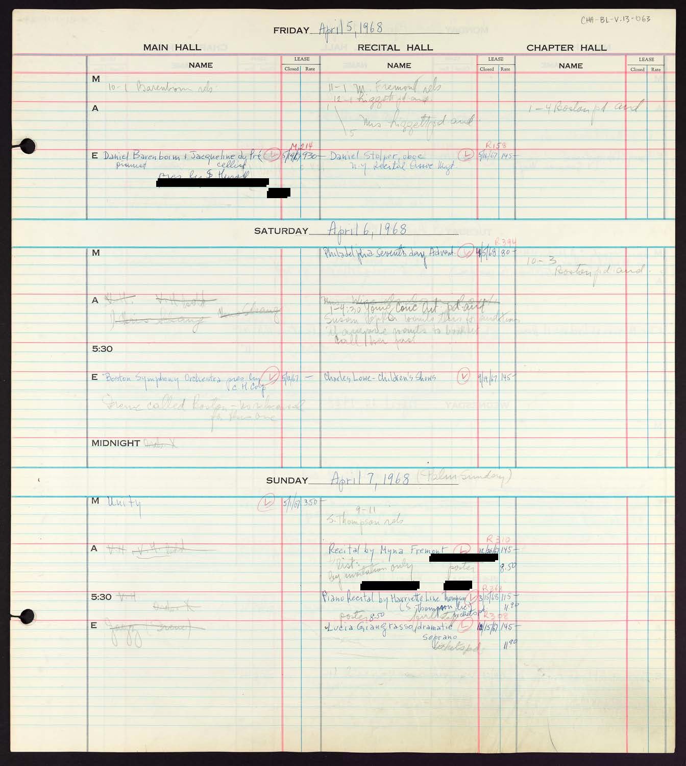 Carnegie Hall Booking Ledger, volume 13, page 63