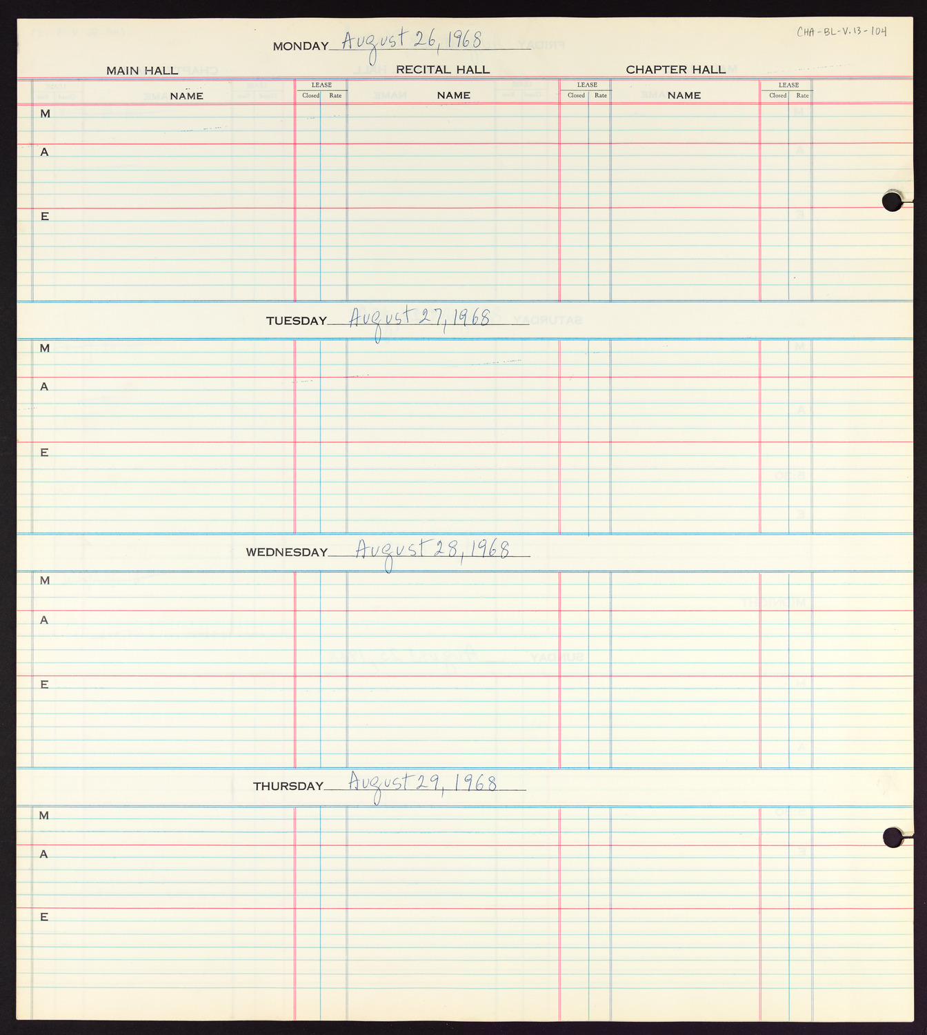 Carnegie Hall Booking Ledger, volume 13, page 104