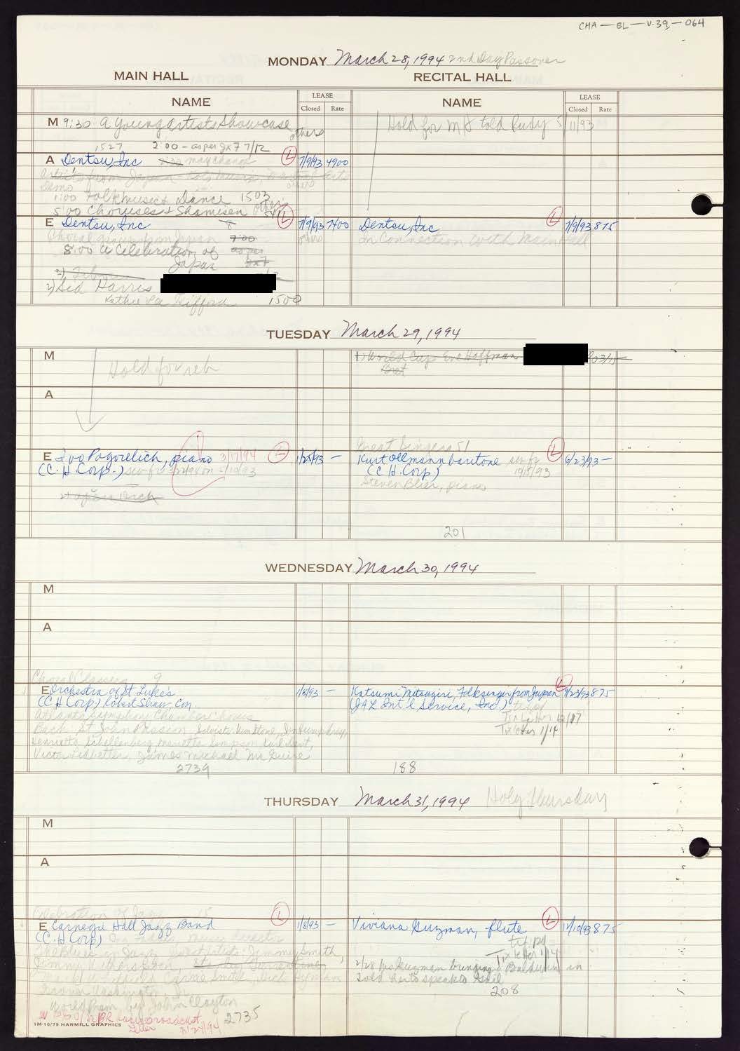 Carnegie Hall Booking Ledger, volume 39, page 64