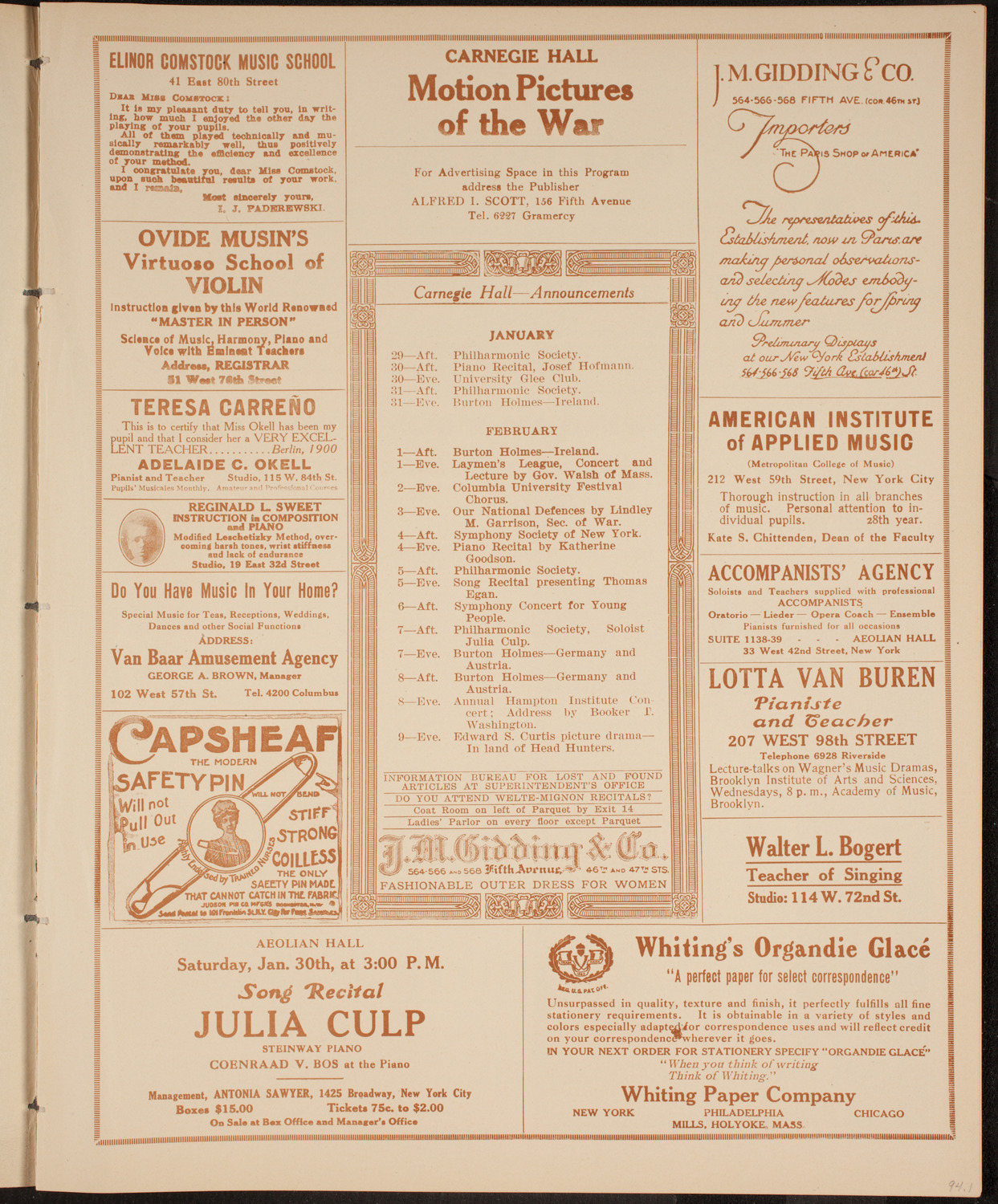 New York Philharmonic, January 28, 1915, program page 3