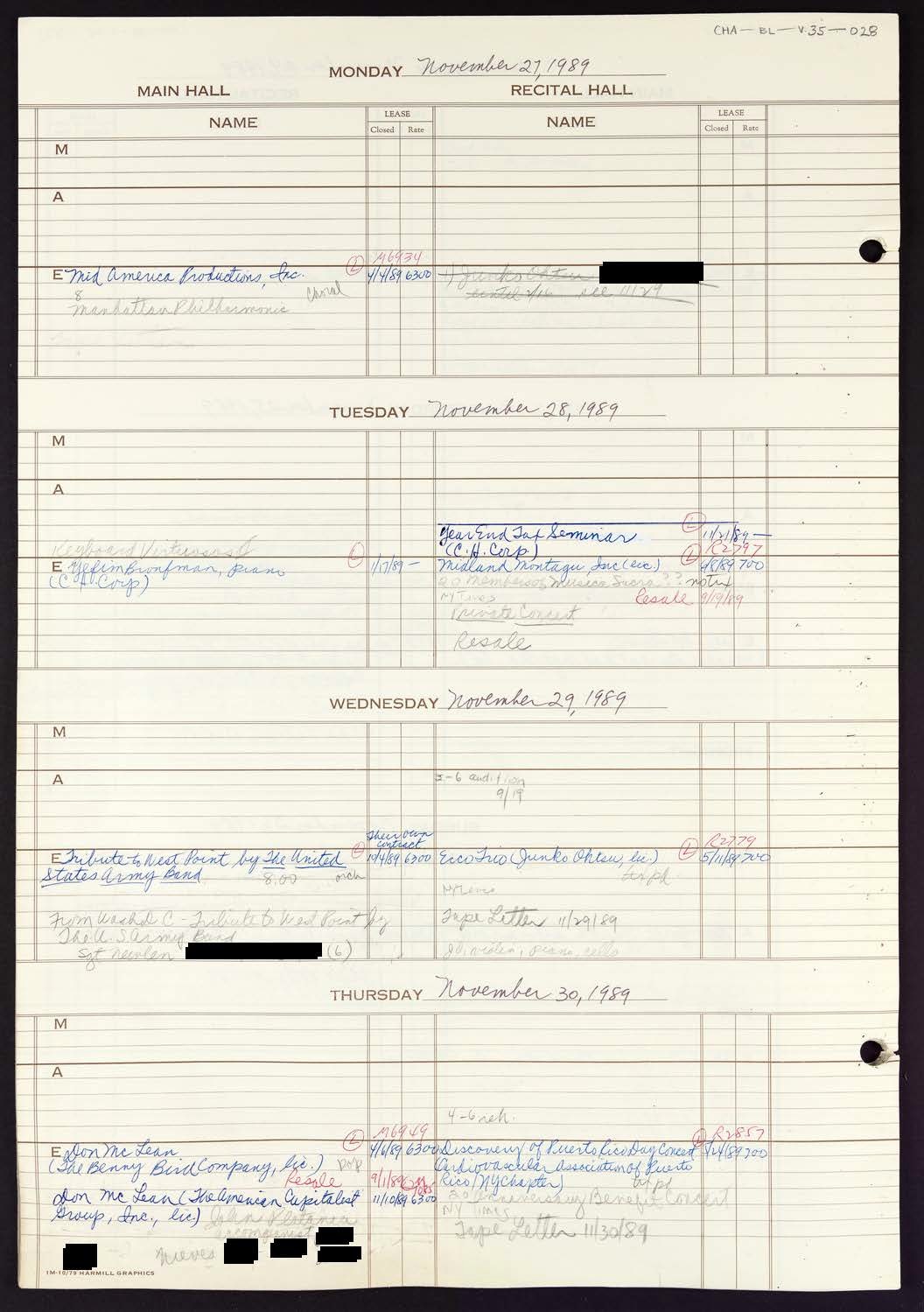 Carnegie Hall Booking Ledger, volume 35, page 28