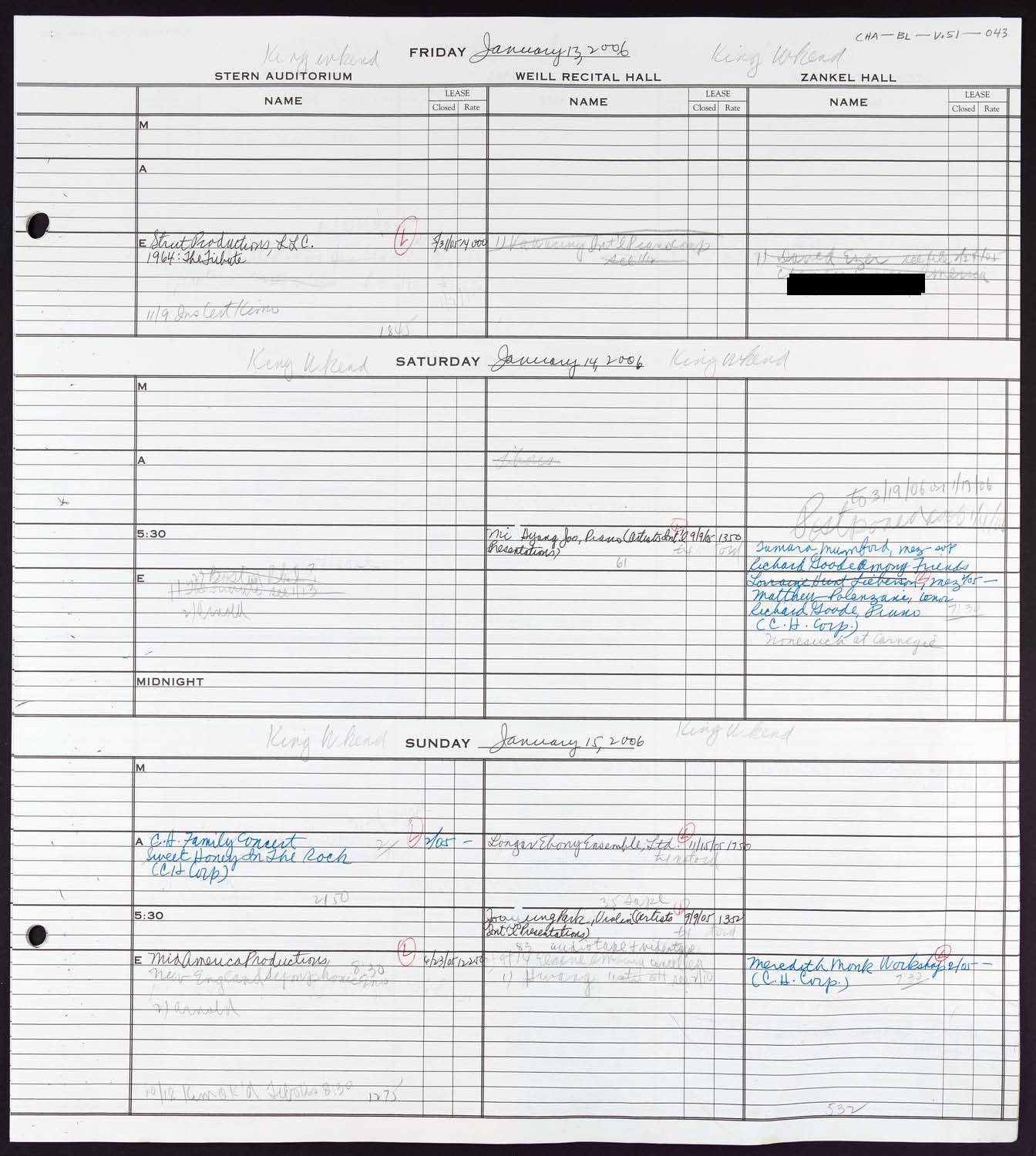 Carnegie Hall Booking Ledger, volume 51, page 43