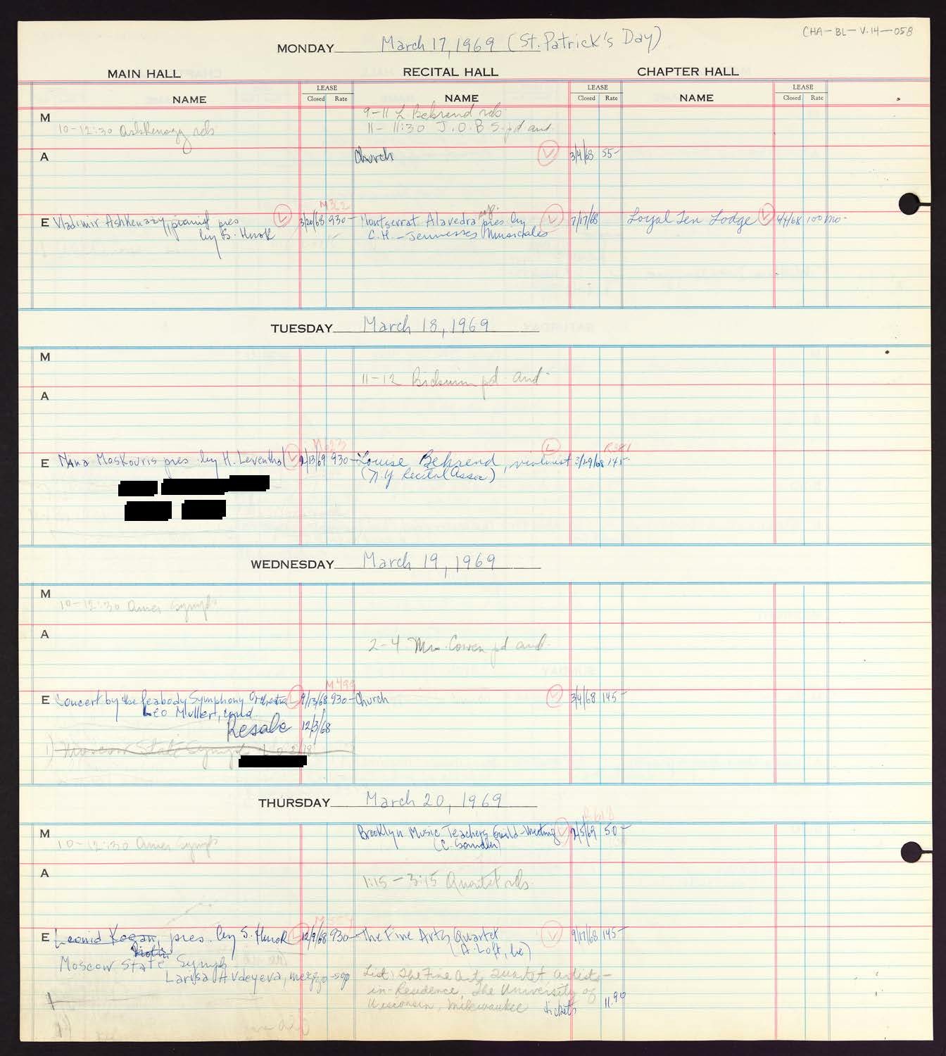 Carnegie Hall Booking Ledger, volume 14, page 58