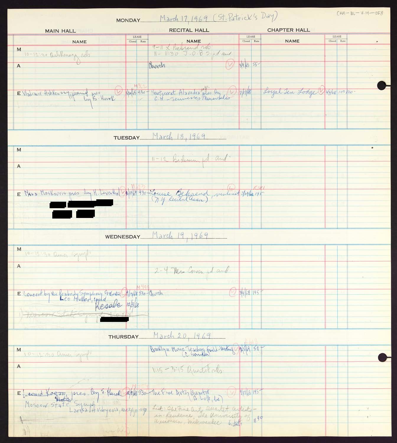 Carnegie Hall Booking Ledger, volume 14, page 58