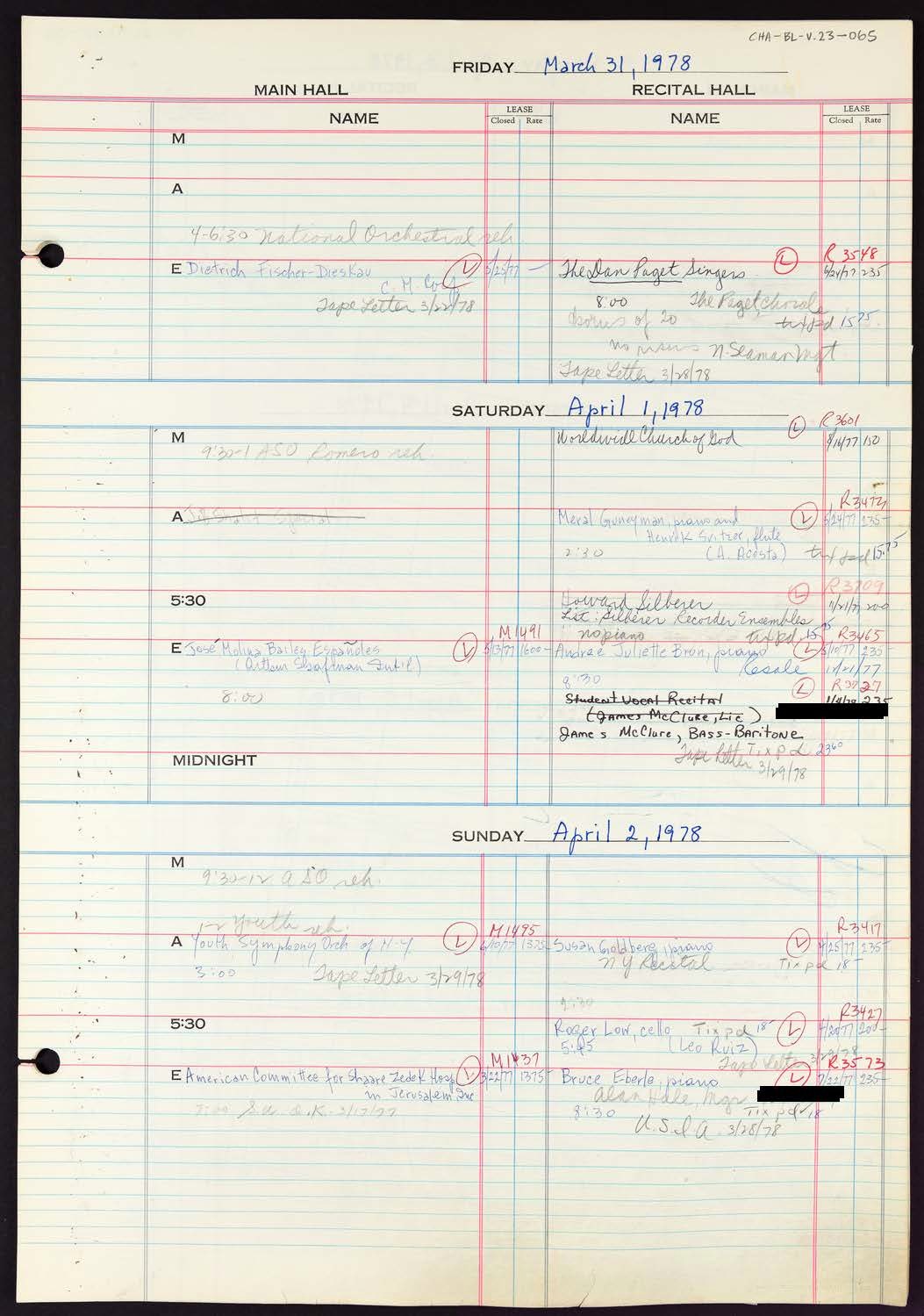 Carnegie Hall Booking Ledger, volume 23, page 65