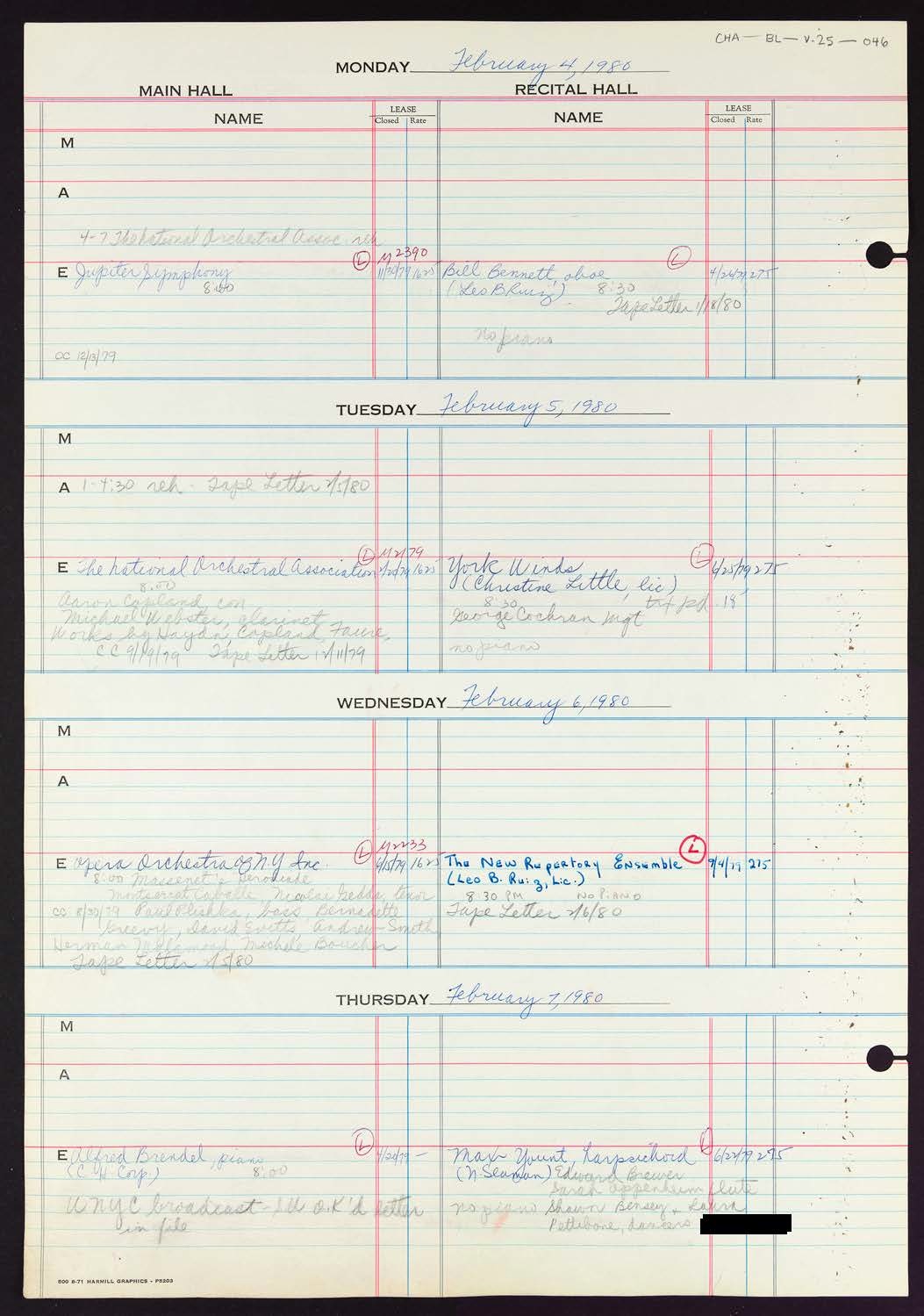 Carnegie Hall Booking Ledger, volume 25, page 46