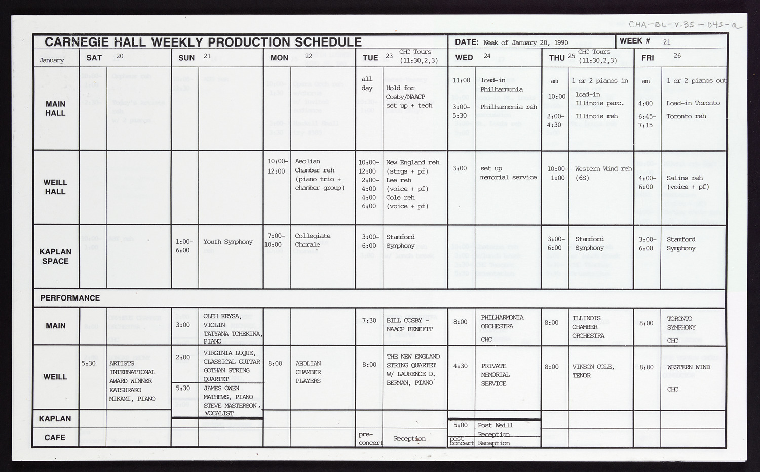 Carnegie Hall Booking Ledger, volume 35, page 43a