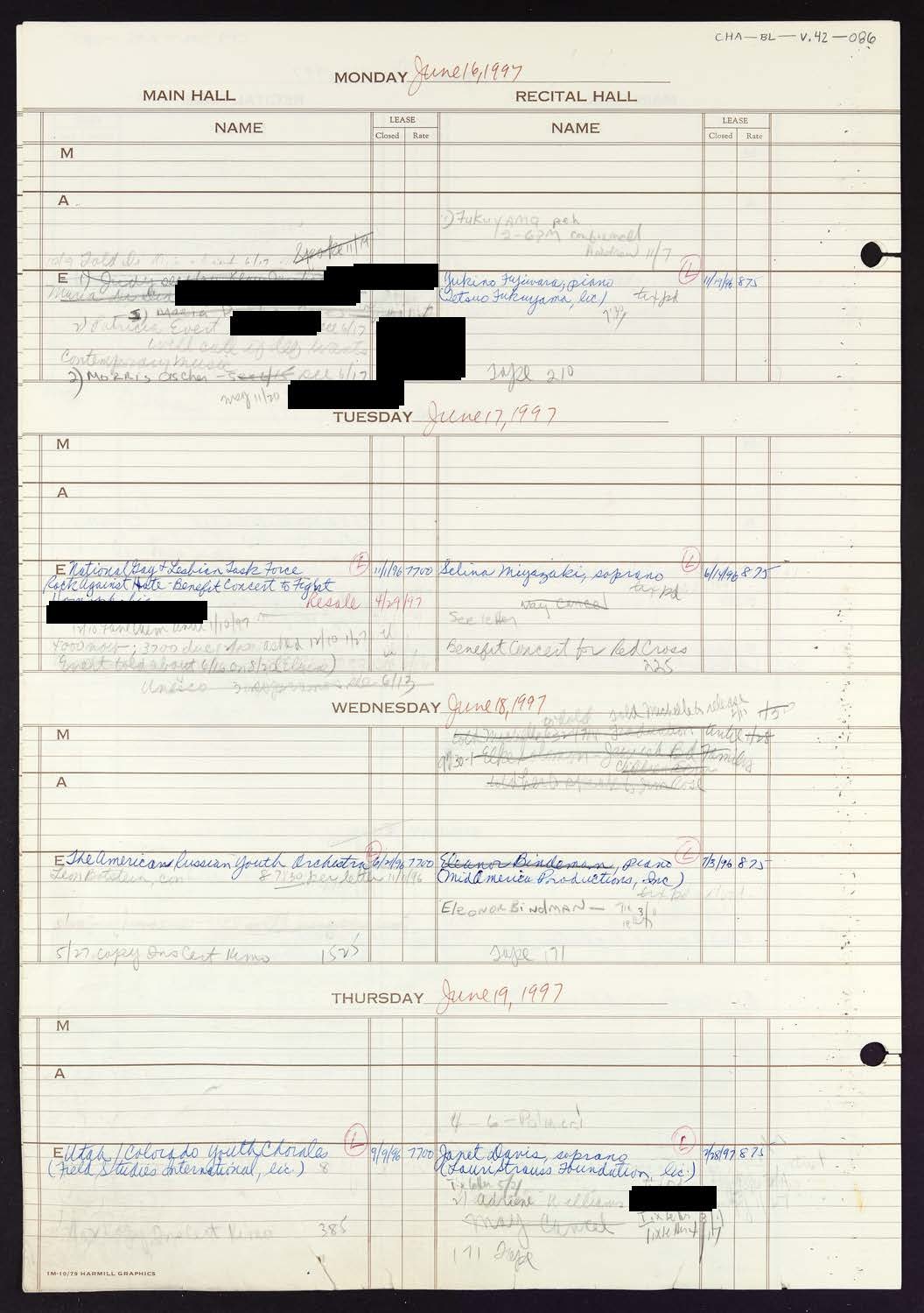 Carnegie Hall Booking Ledger, volume 42, page 86