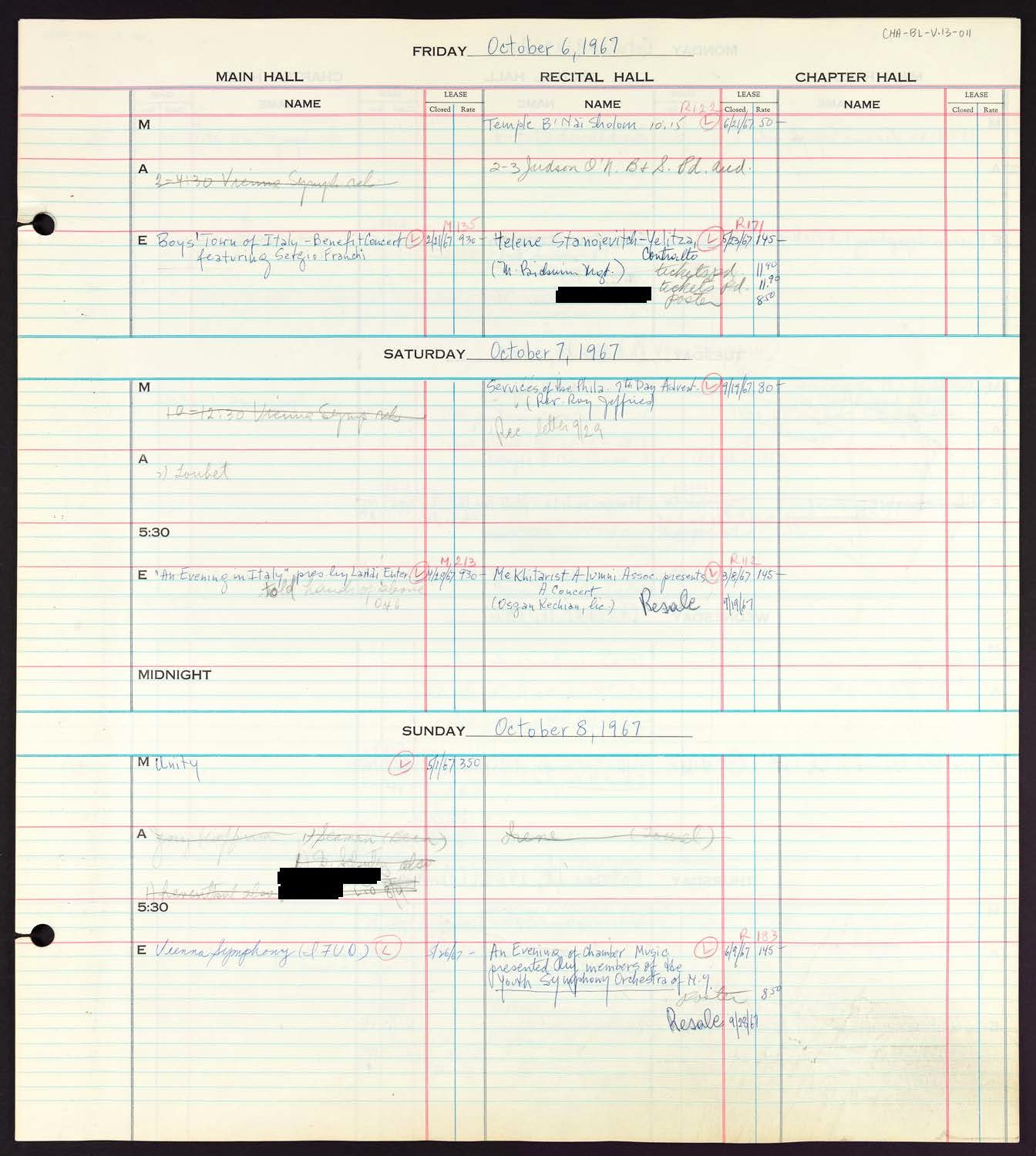 Carnegie Hall Booking Ledger, volume 13, page 11