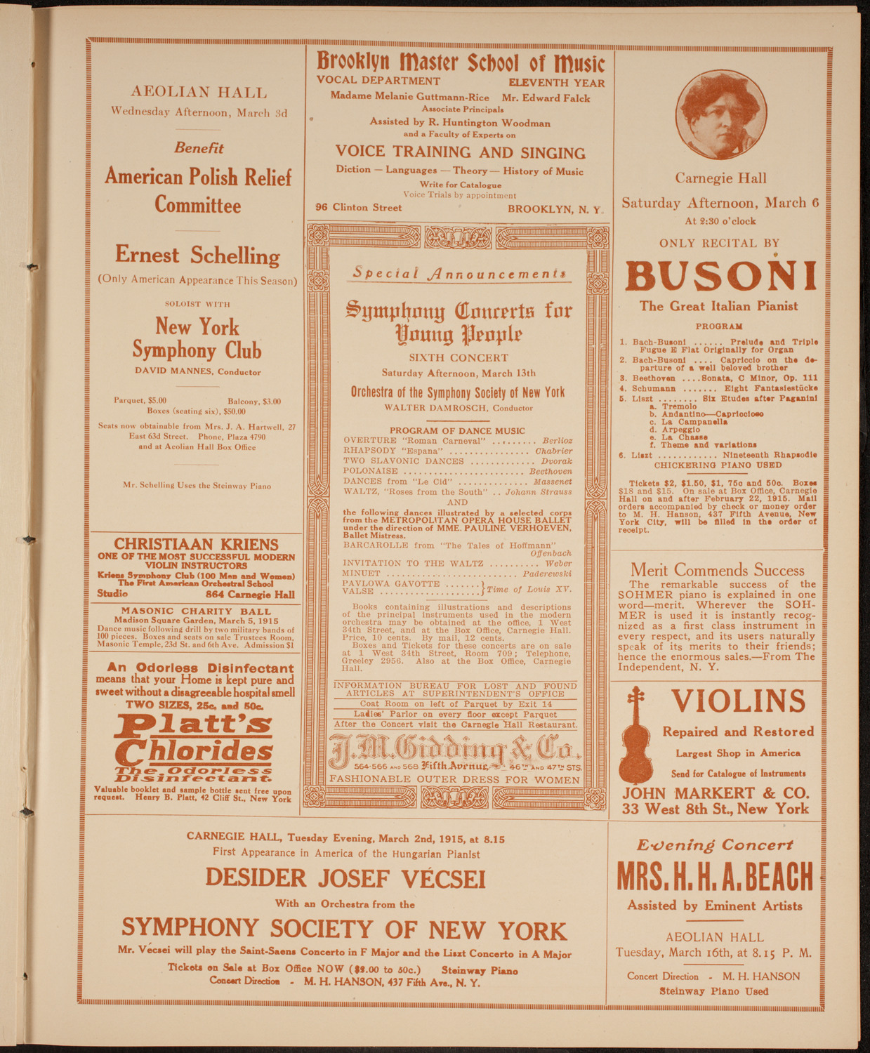 New York Philharmonic, February 28, 1915, program page 9