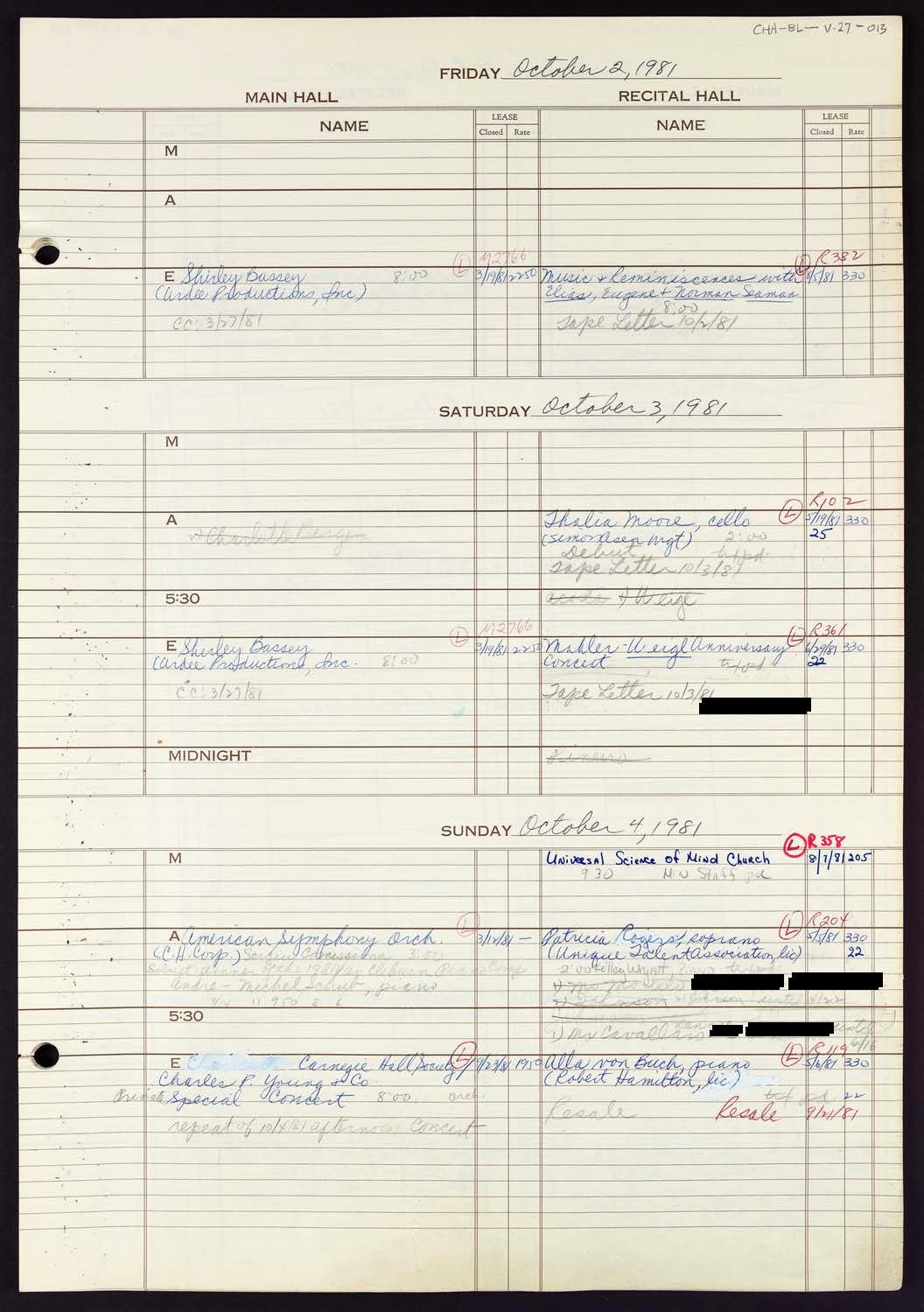 Carnegie Hall Booking Ledger, volume 27, page 13