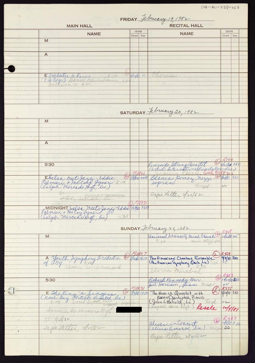 Carnegie Hall Booking Ledger, volume 27, page 53