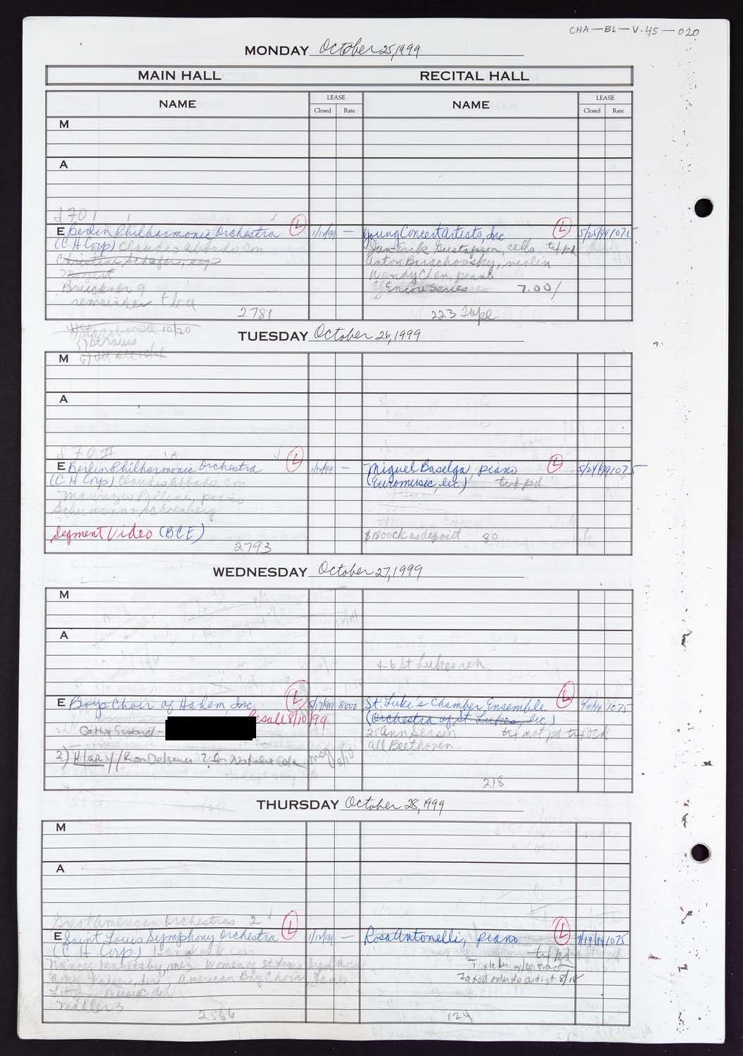 Carnegie Hall Booking Ledger, volume 45, page 20