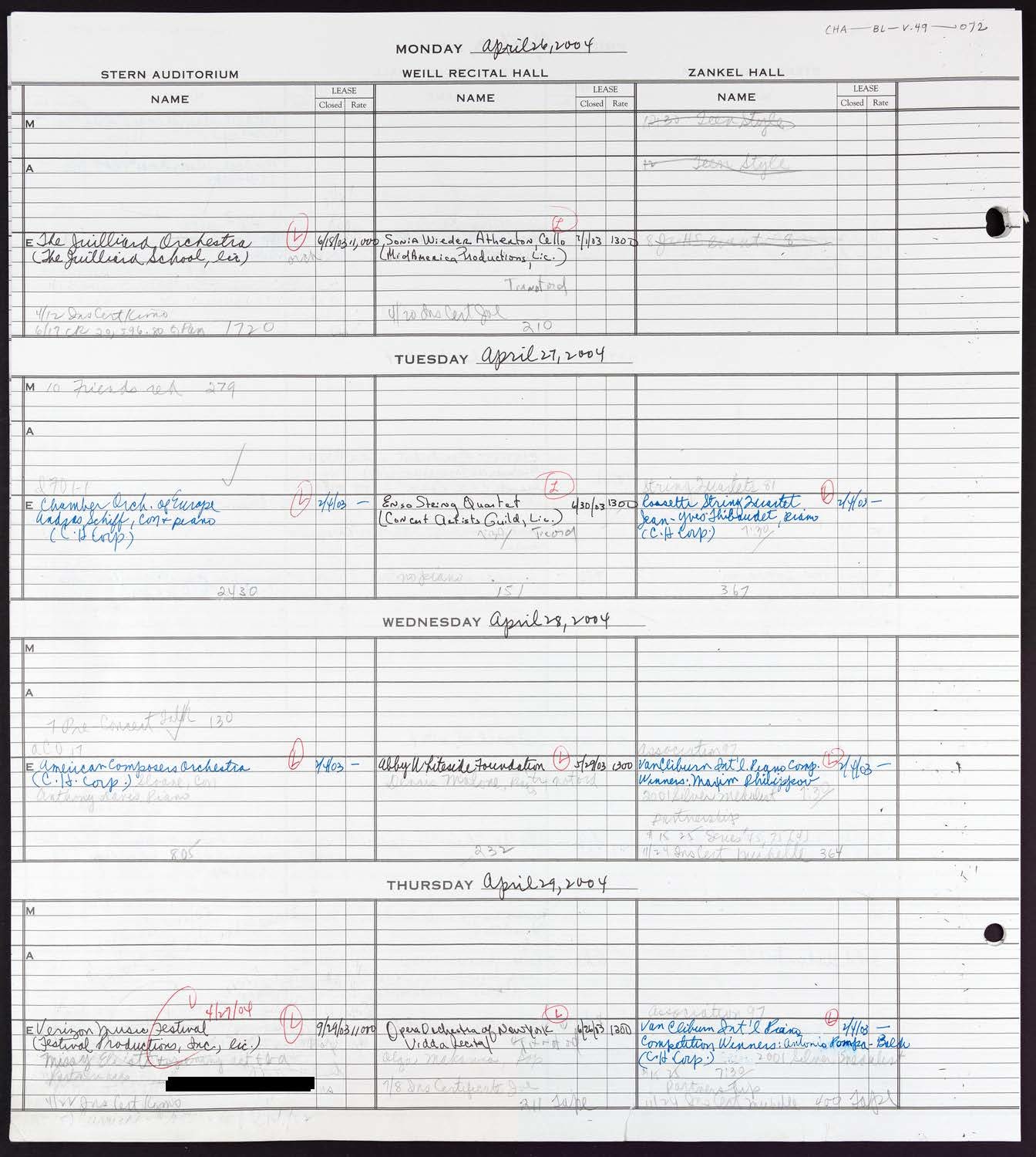 Carnegie Hall Booking Ledger, volume 49, page 72