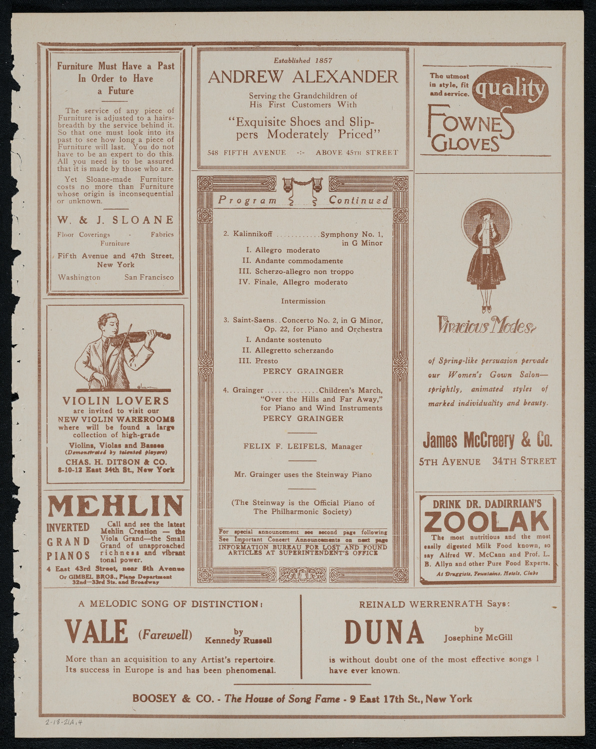 New York Philharmonic, February 13, 1921, program page 7