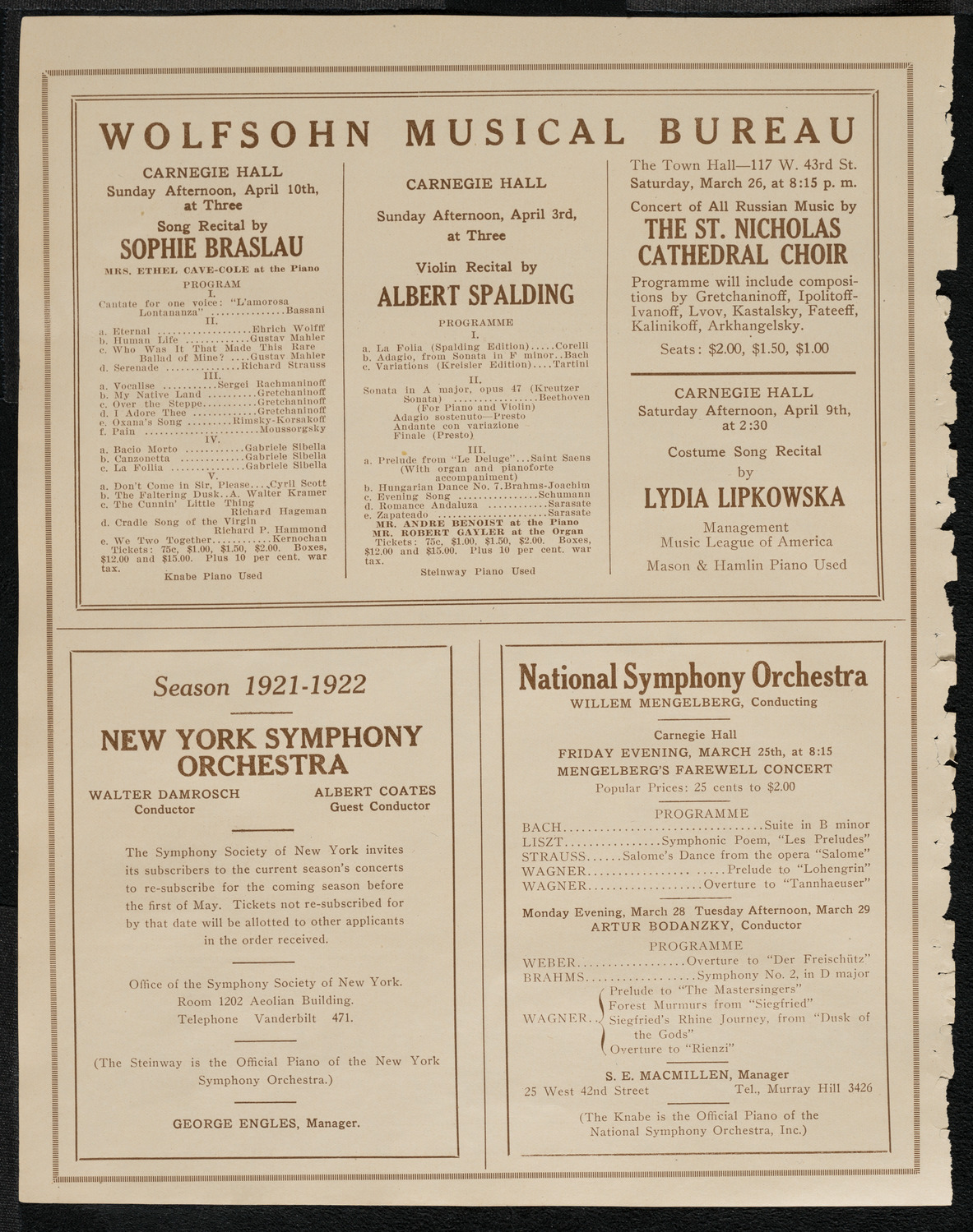 National Symphony Orchestra, March 23, 1921, program page 8