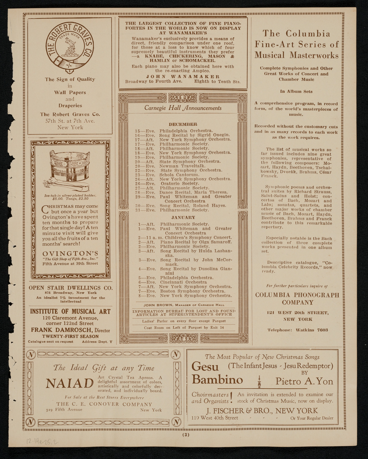 Chanuka Concert for the Benefit of the Rabbi Jacob Joseph School, December 14, 1925, program page 3