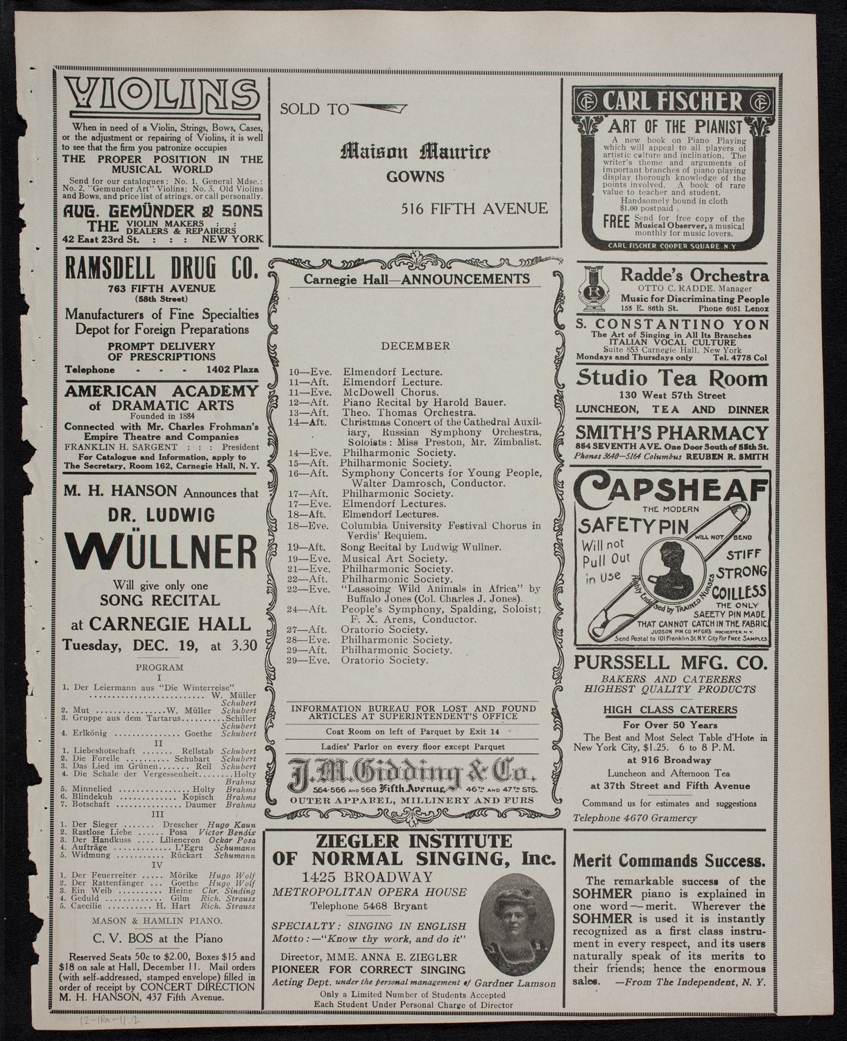 New York Philharmonic, December 10, 1911, program page 3