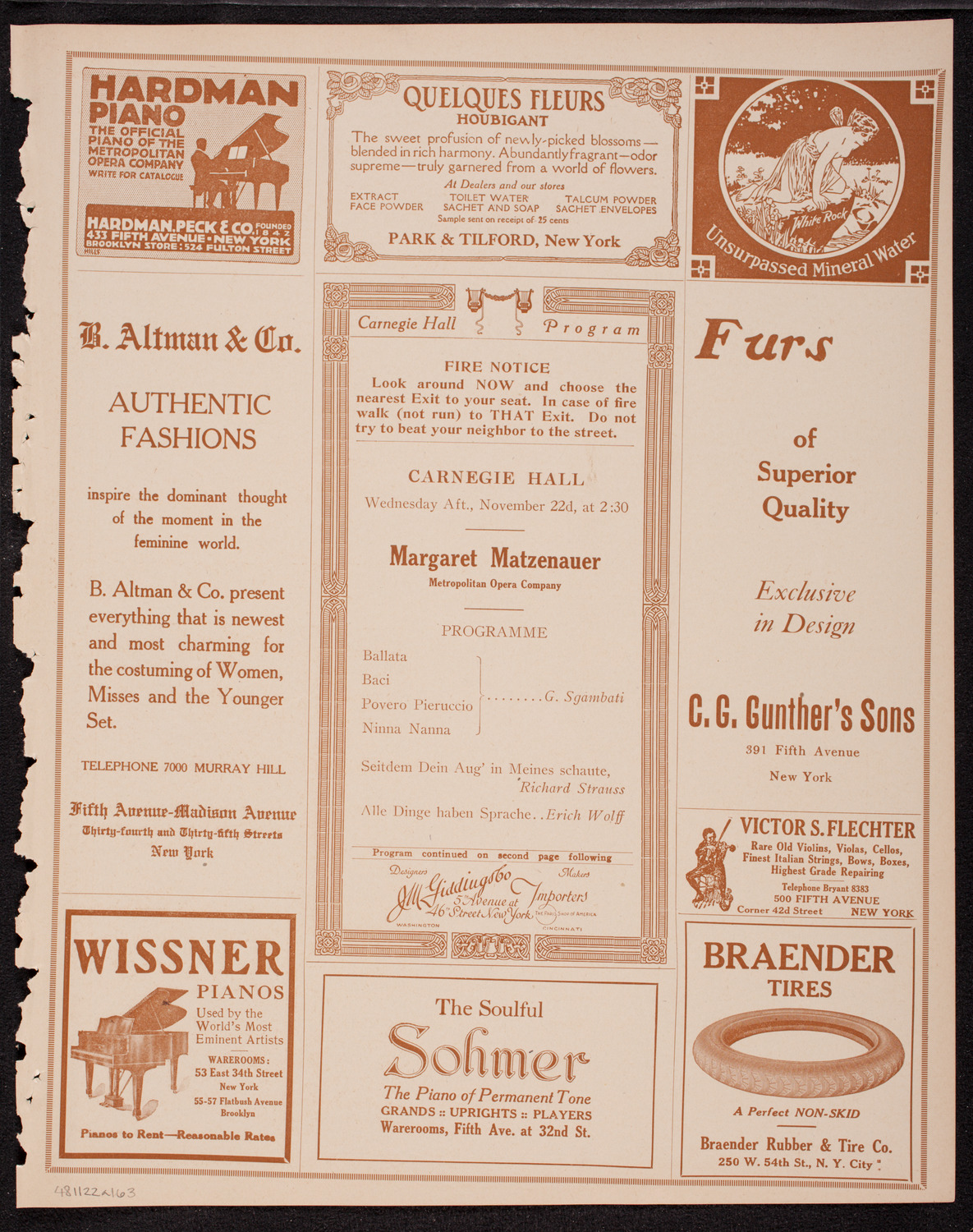 Margaret Matzenauer, Mezzo-Soprano, November 22, 1916, program page 5