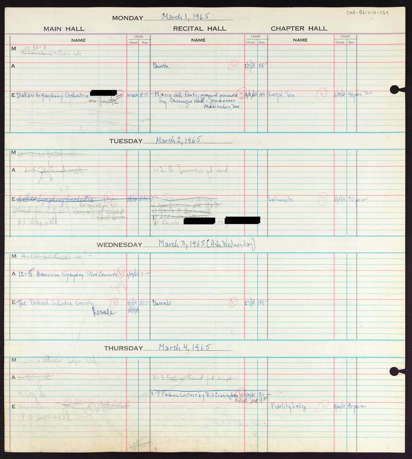 Carnegie Hall Booking Ledger, volume 10, page 54