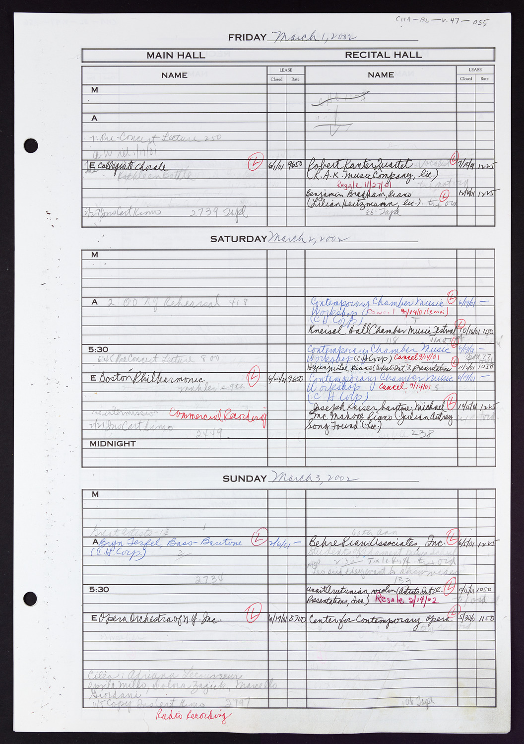 Carnegie Hall Booking Ledger, volume 47, page 55