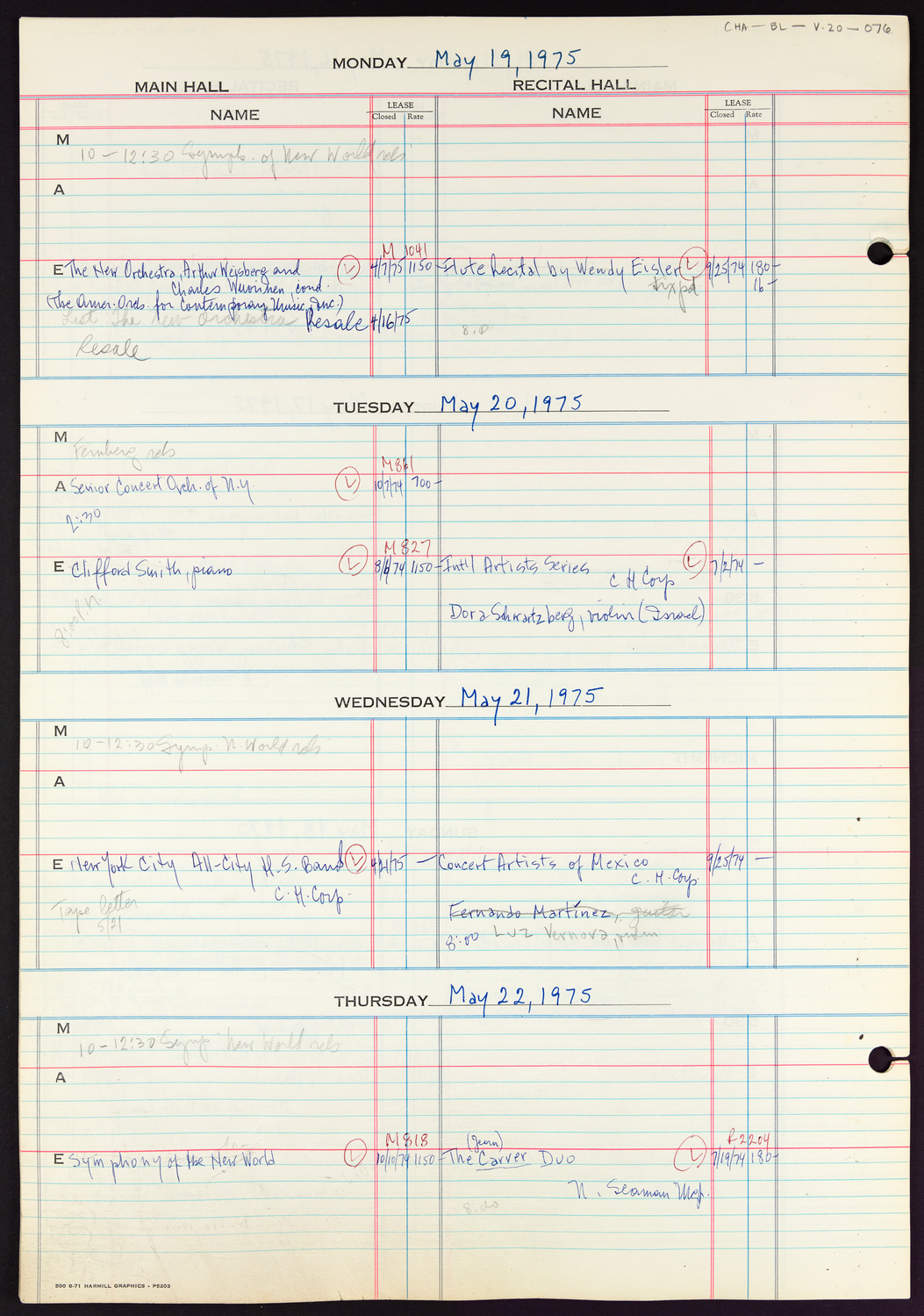 Carnegie Hall Booking Ledger, volume 20, page 76