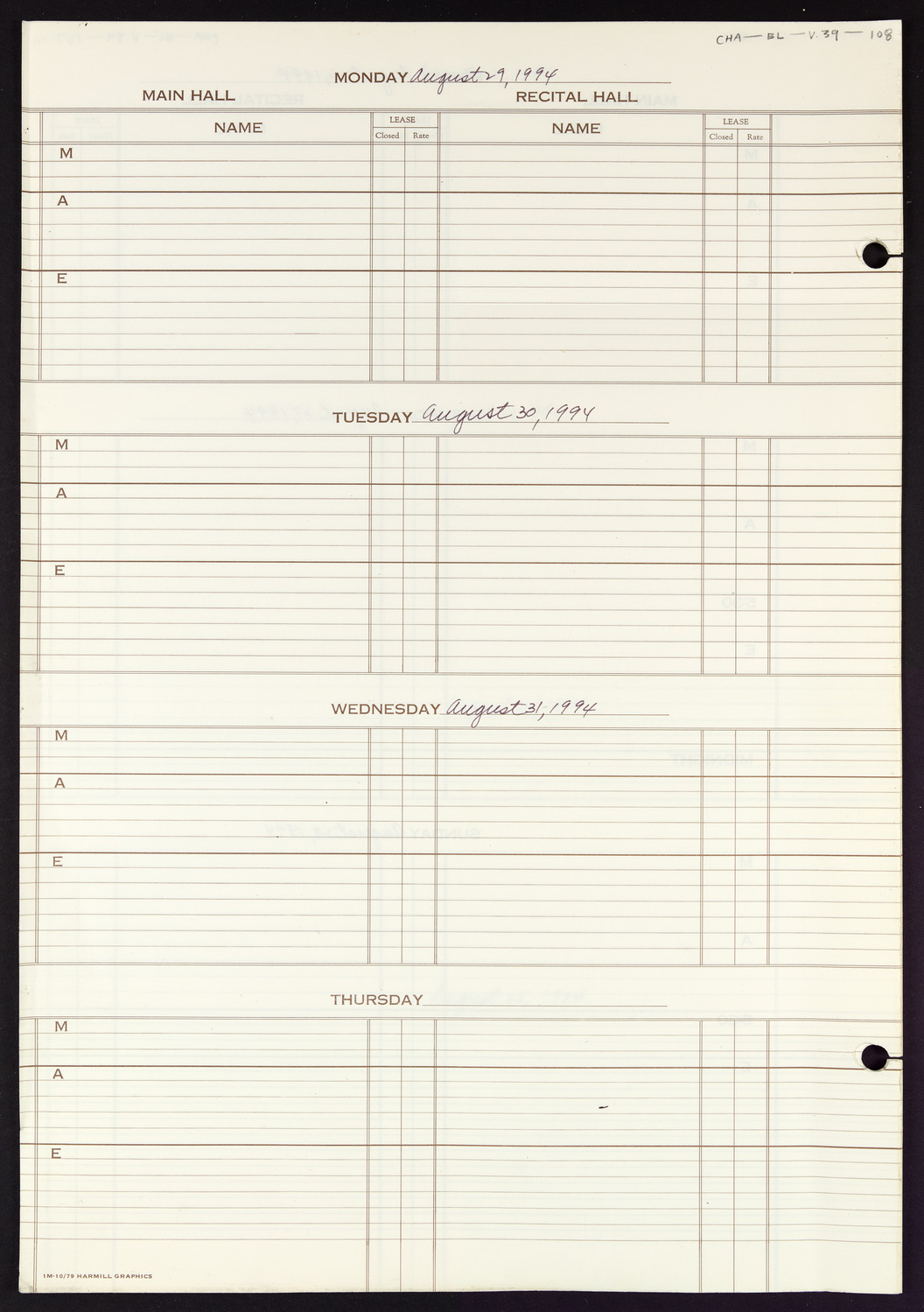 Carnegie Hall Booking Ledger, volume 39, page 108