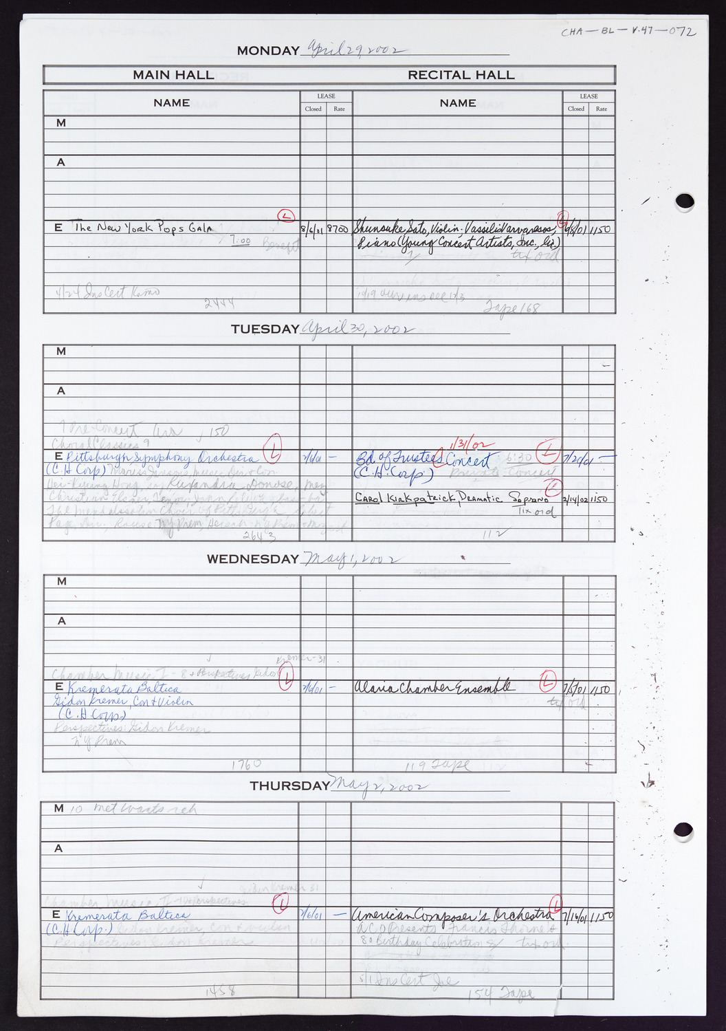 Carnegie Hall Booking Ledger, volume 47, page 72