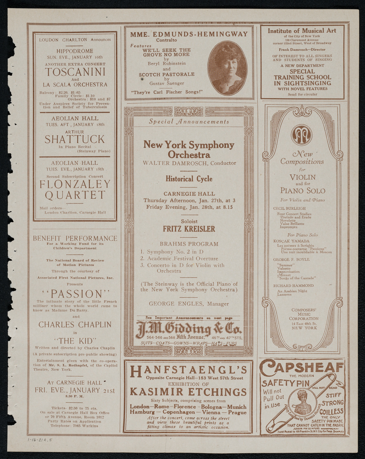 New York Philharmonic, January 16, 1921, program page 9