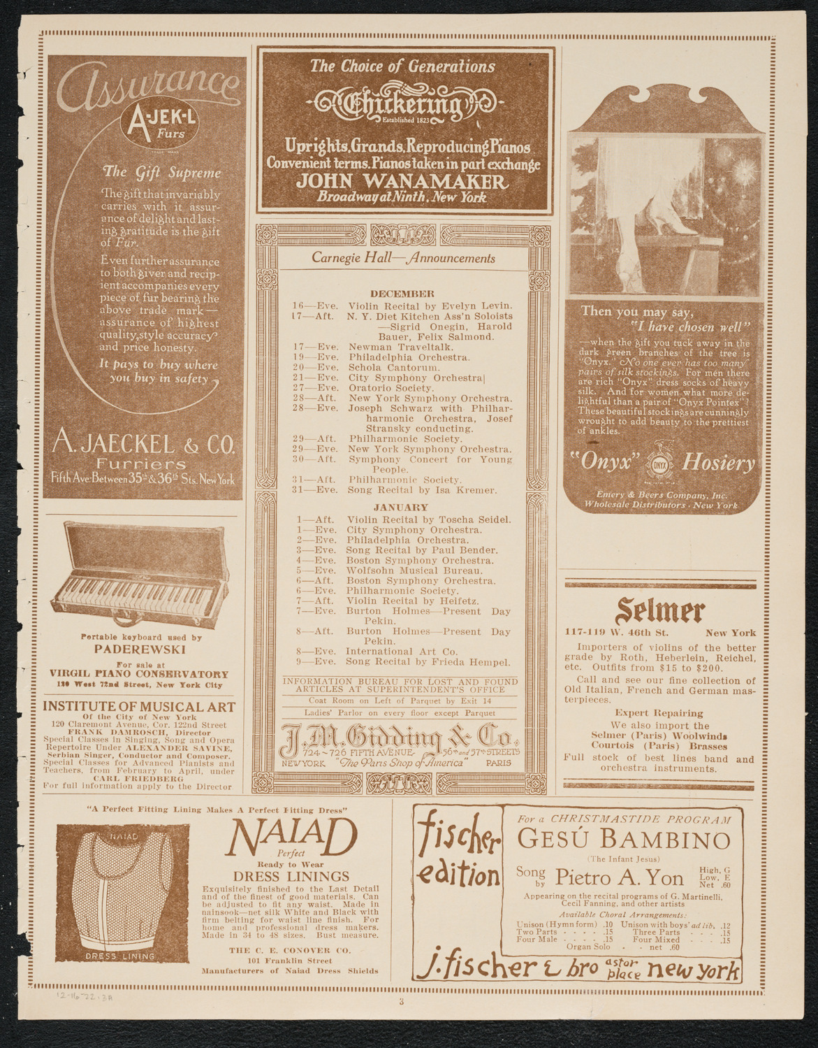 Ignacy Jan Paderewski, Piano, December 16, 1922, program page 3