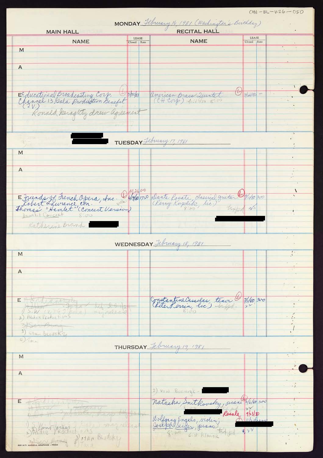 Carnegie Hall Booking Ledger, volume 26, page 50