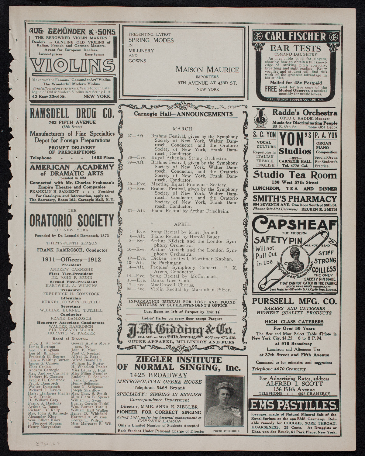 Volpe Symphony Society of New York, March 26, 1912, program page 3