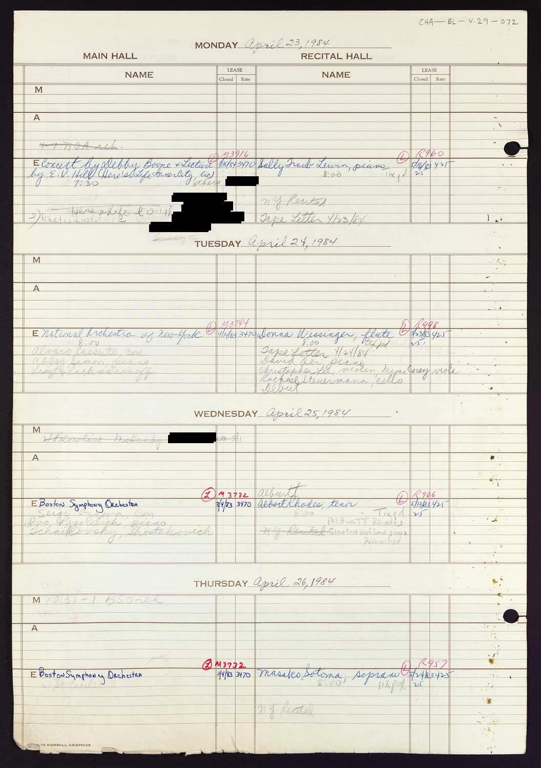 Carnegie Hall Booking Ledger, volume 29, page 72