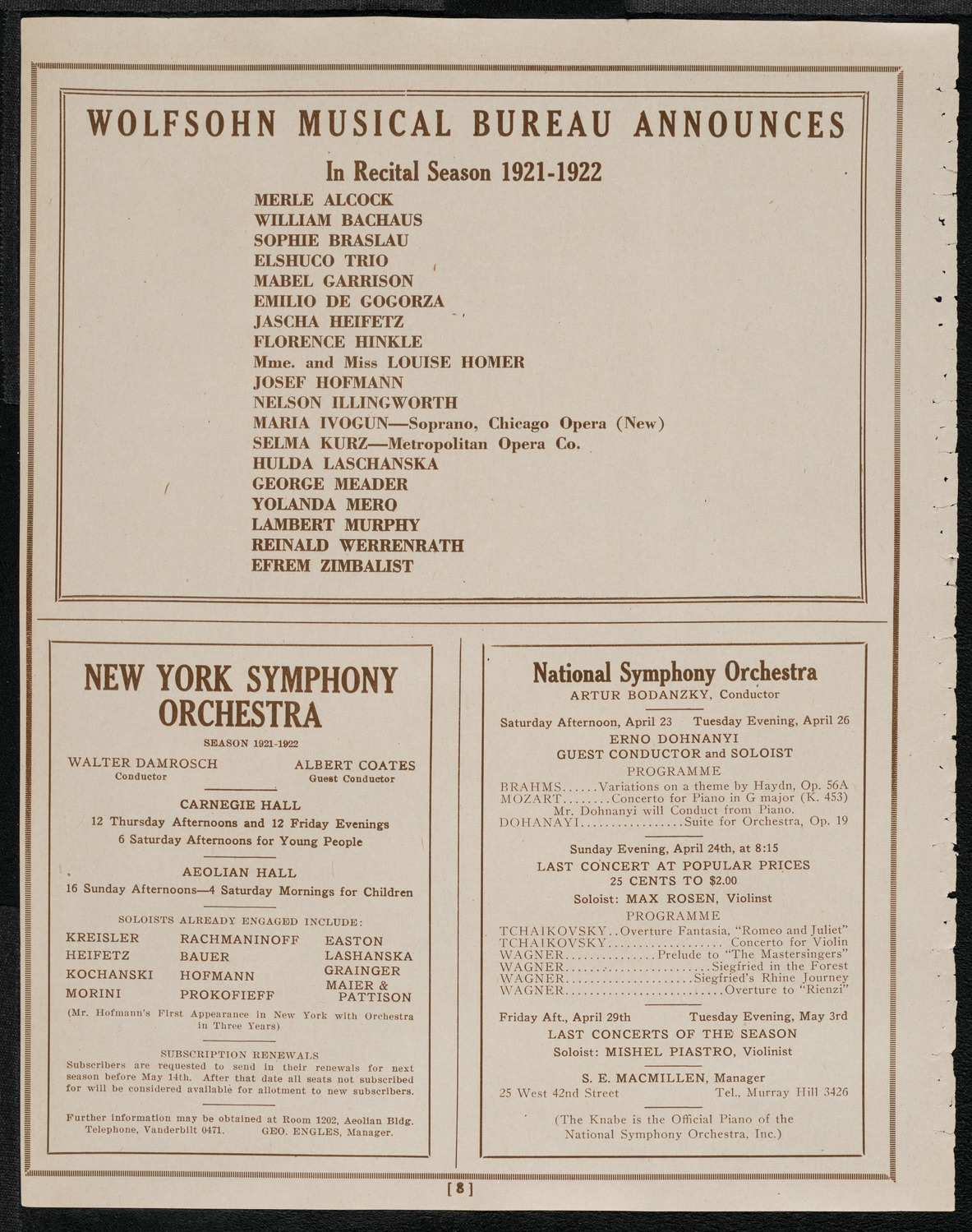 National Symphony Orchestra, April 18, 1921, program page 8