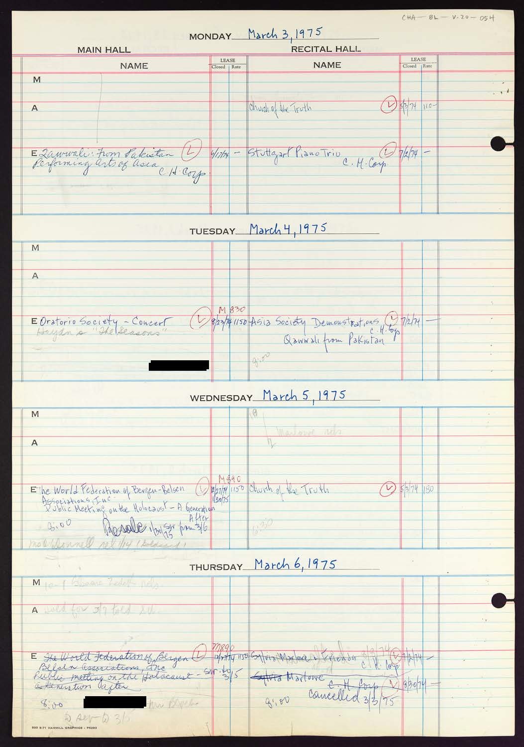 Carnegie Hall Booking Ledger, volume 20, page 54