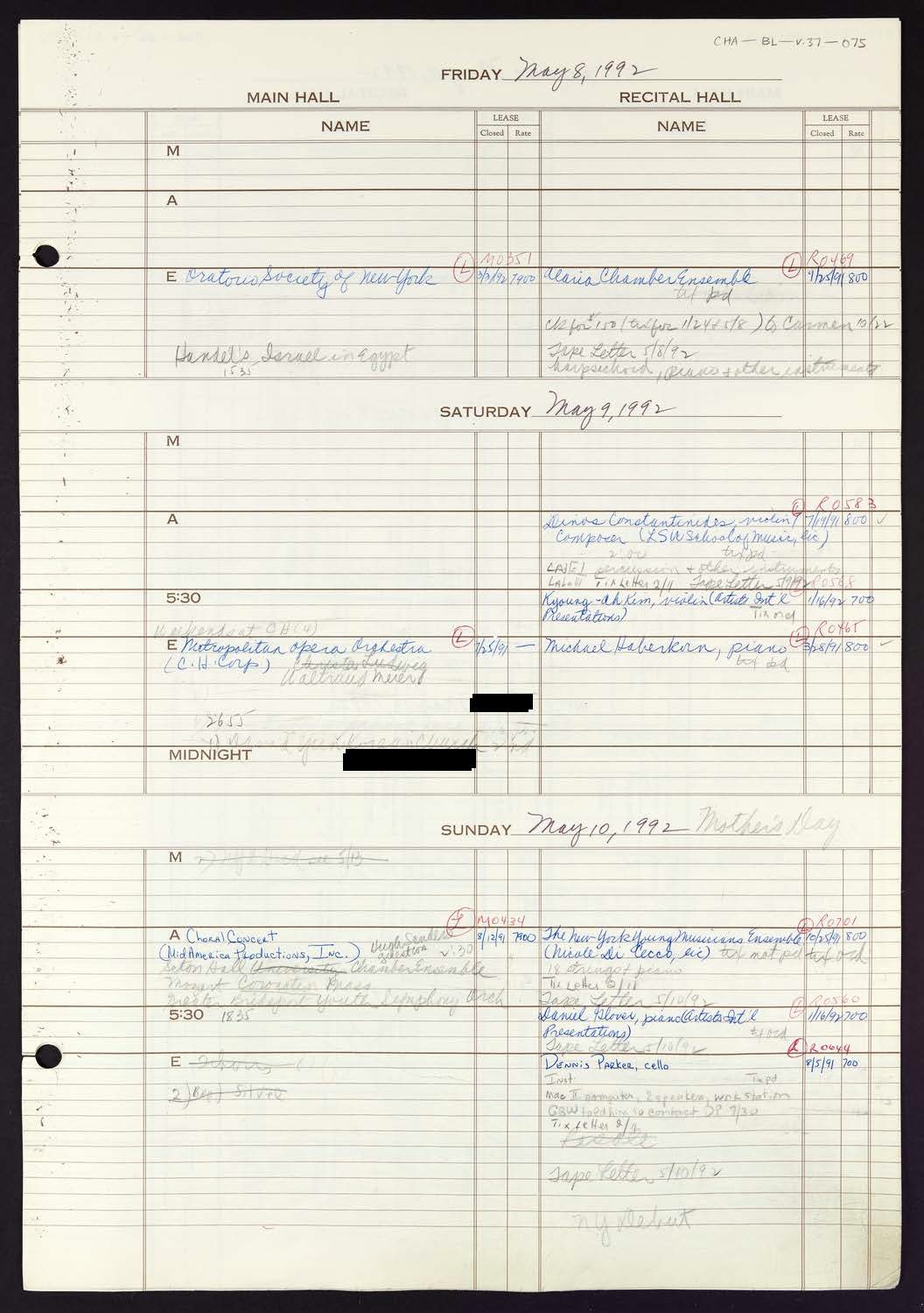 Carnegie Hall Booking Ledger, volume 37, page 75