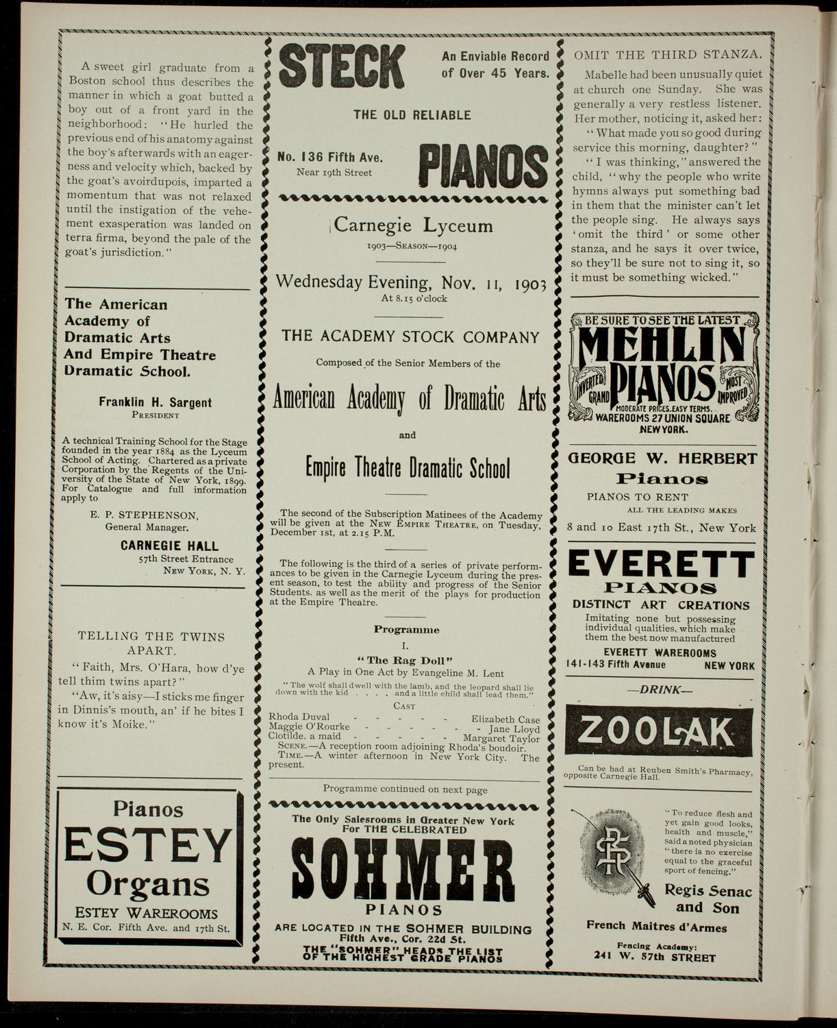 Academy Stock Company of the American Academy of Dramatic Arts/Empire Theatre Dramatic School, November 11, 1903, program page 2