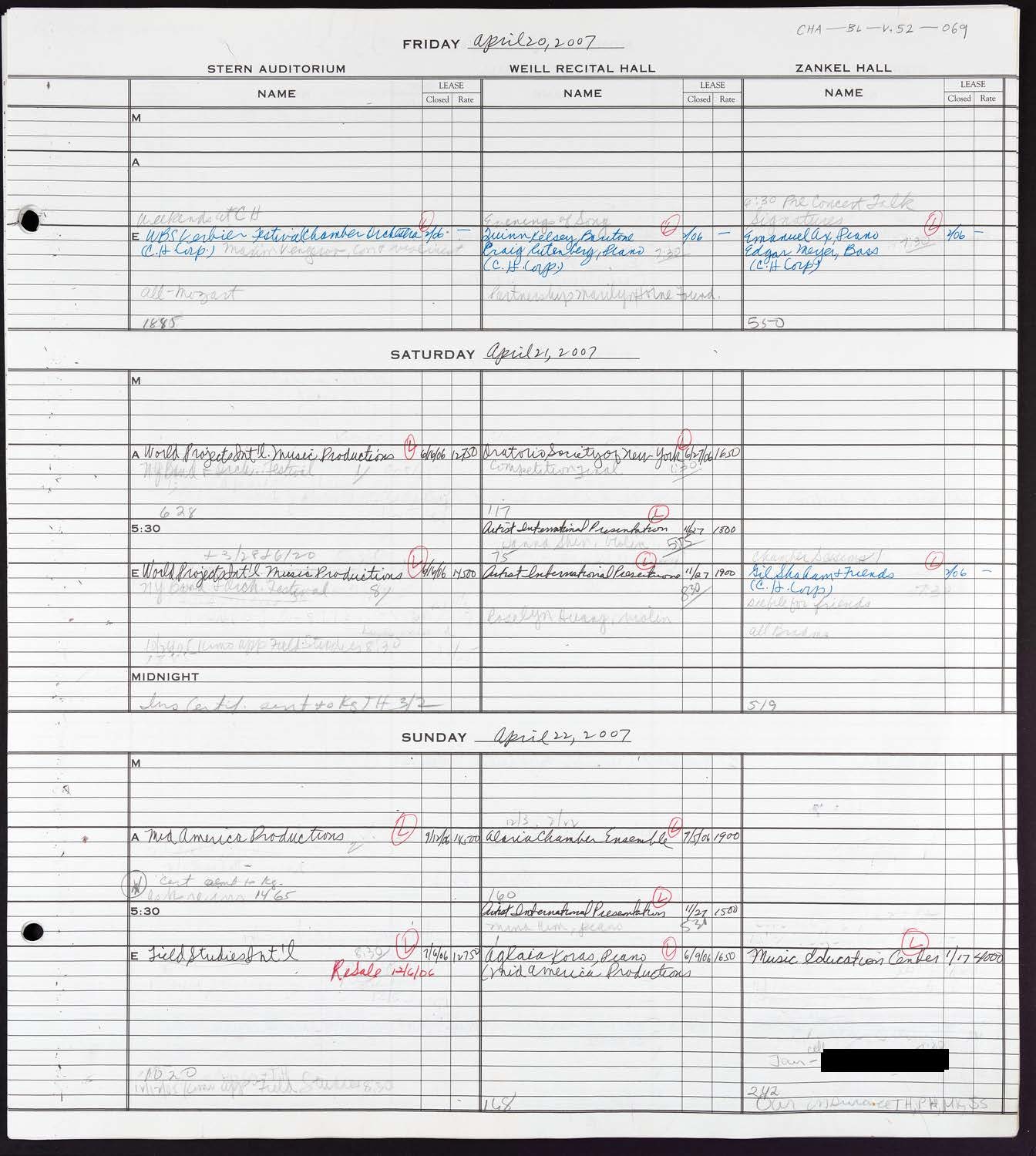Carnegie Hall Booking Ledger, volume 52, page 69