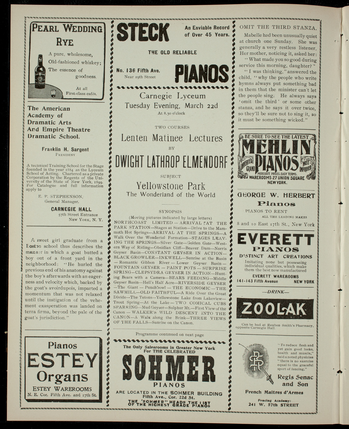 Elmendorf Lecture: Yellowstone Park, March 22, 1904, program page 2