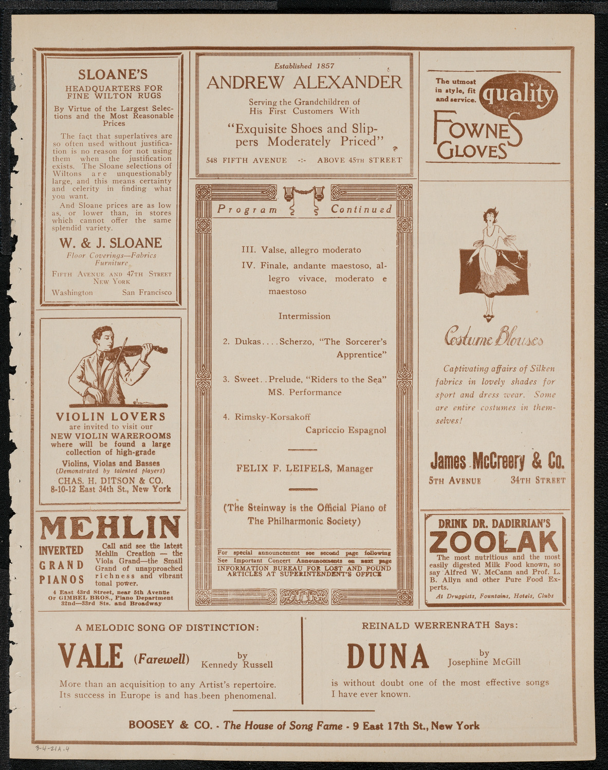 New York Philharmonic, March 4, 1921, program page 7