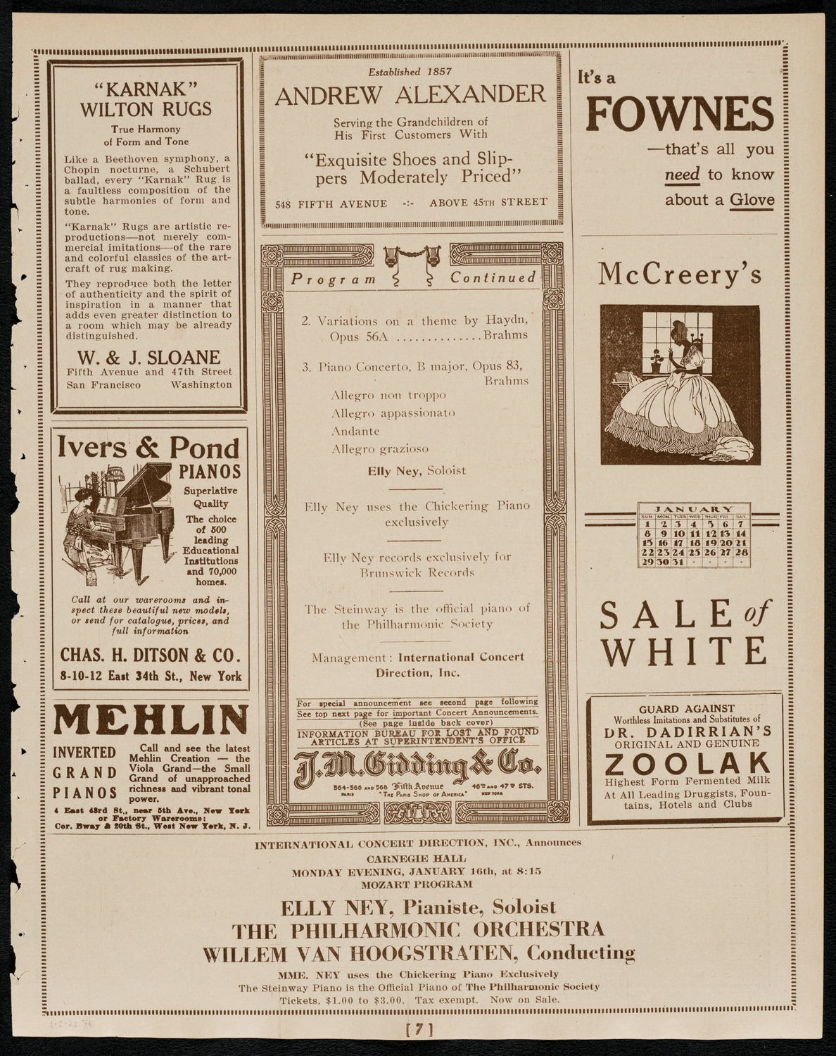 Brahms Memorial featuring Elly Ney and the New York Philharmonic, January 2, 1922, program page 7