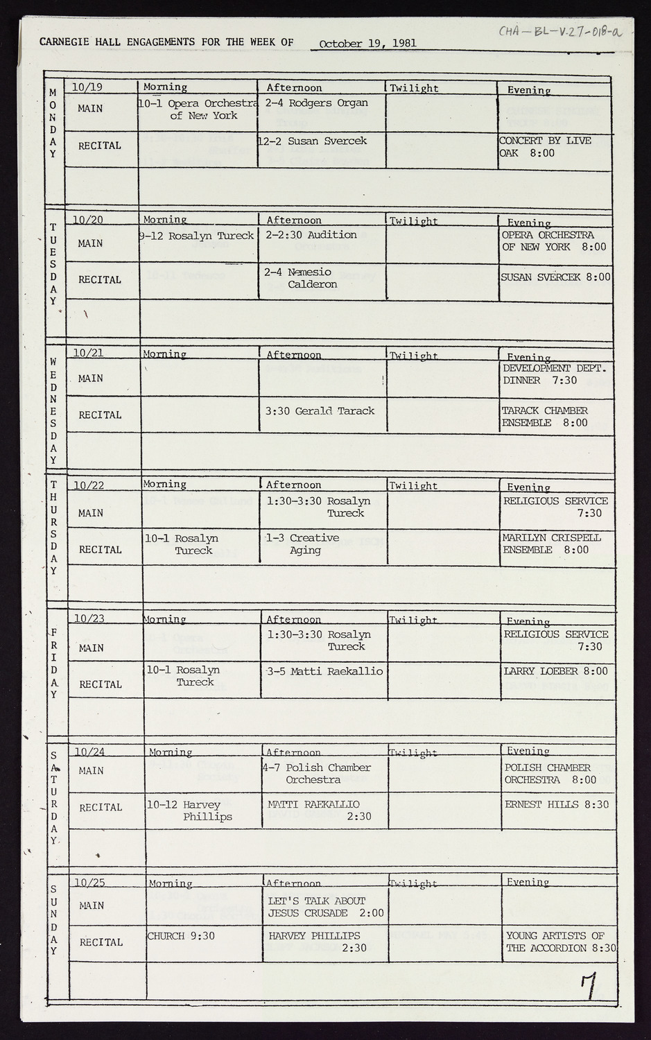 Carnegie Hall Booking Ledger, volume 27, page 18a