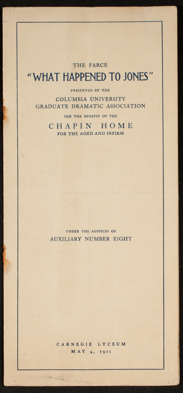 Columbia University Graduate Dramatic Association, May 4, 1911, program page 1