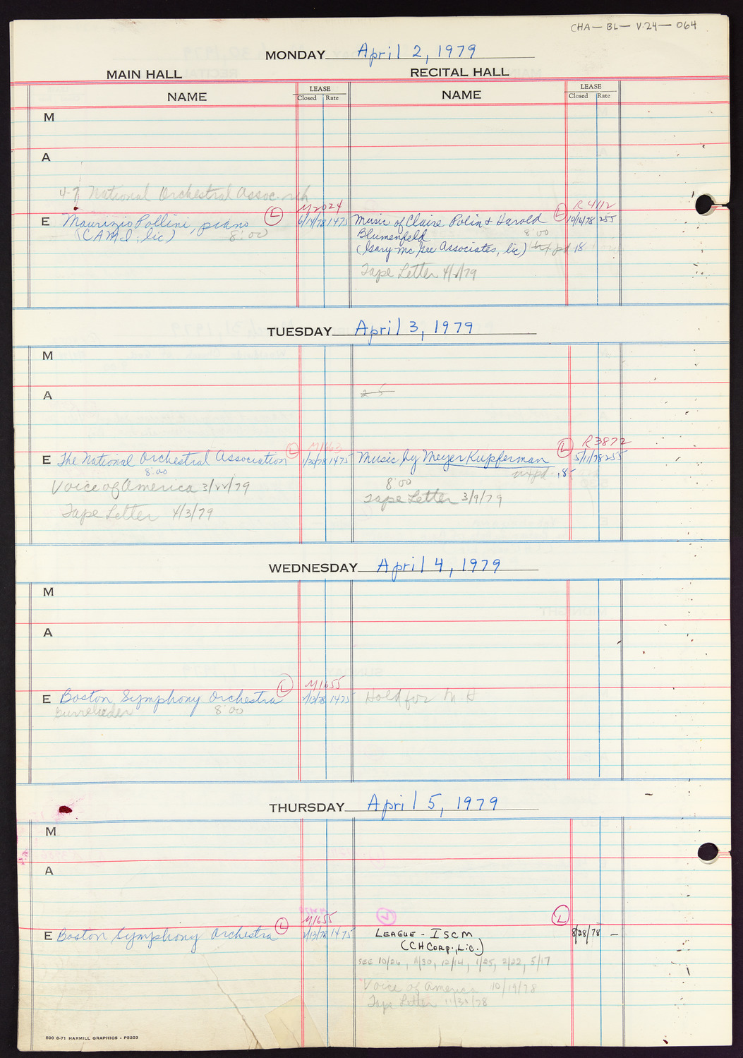 Carnegie Hall Booking Ledger, volume 24, page 64