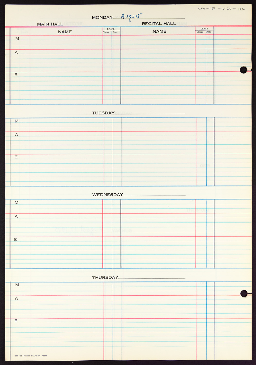 Carnegie Hall Booking Ledger, volume 20, page 102