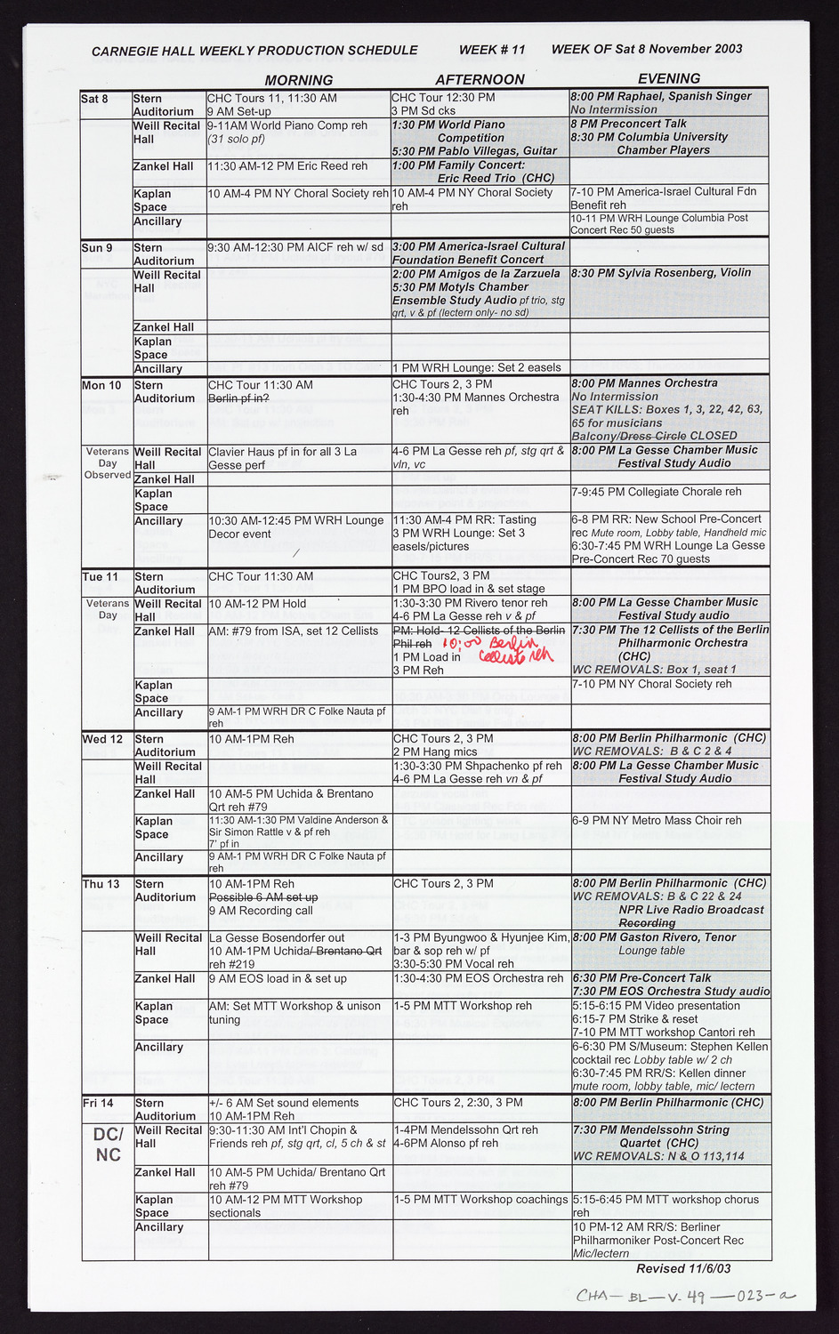 Carnegie Hall Booking Ledger, volume 49, page 23a